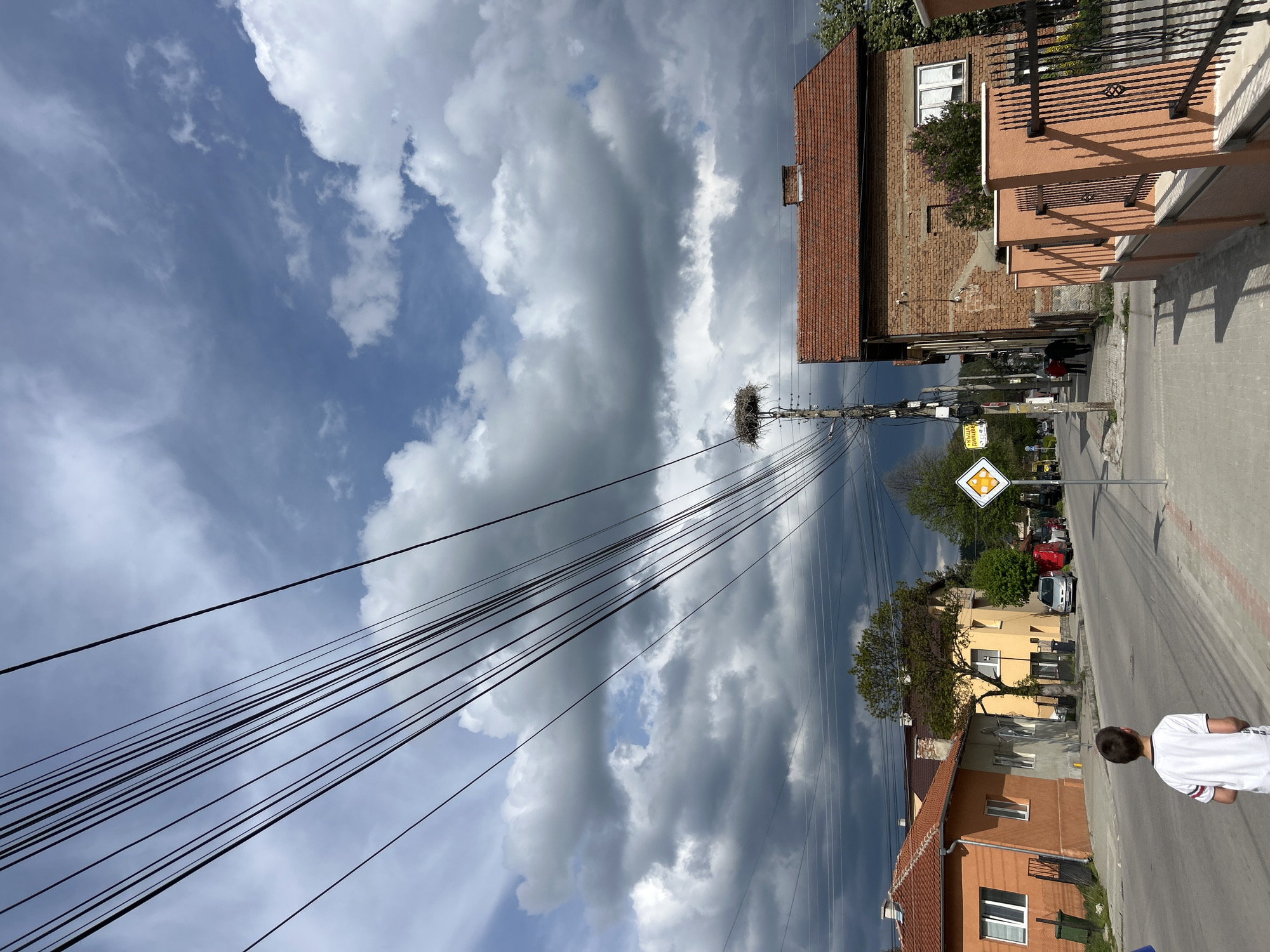 The image captures a street scene in Unknown, Unknown. The sky is filled with a mix of blue and heavy, dark clouds. Power lines stretch across the sky, converging towards a utility pole with a large bird's nest on top. On the right side of the image, there is a street with a sidewalk and a street sign. A building with a brick facade and a terracotta roof is visible along with other buildings in the background. A boy wearing a white shirt is walking on the sidewalk. A two people is walking on the street. There are trees along the street. Several cars are parked in the distance.