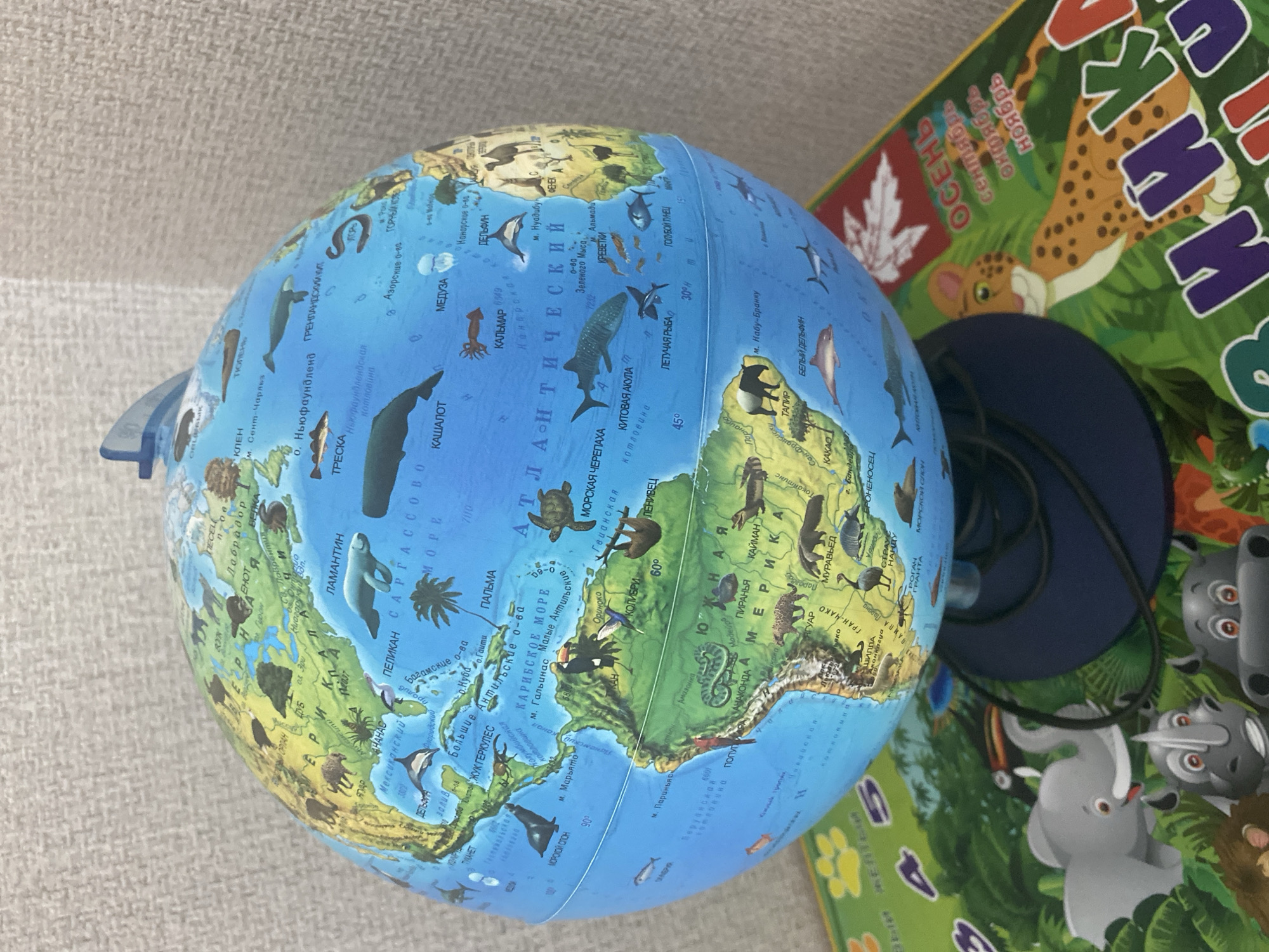 The image shows a globe depicting the world's continents and oceans with illustrations of animals in their respective habitats. The globe is placed on a surface partially covered by a children's book with animal illustrations. The visible part of the book features images of a cheetah, an elephant, and other animals. The continents on the globe are labeled with names of places like Tyumen in Russia, countries, and geographical features. A blue stand holds the globe.