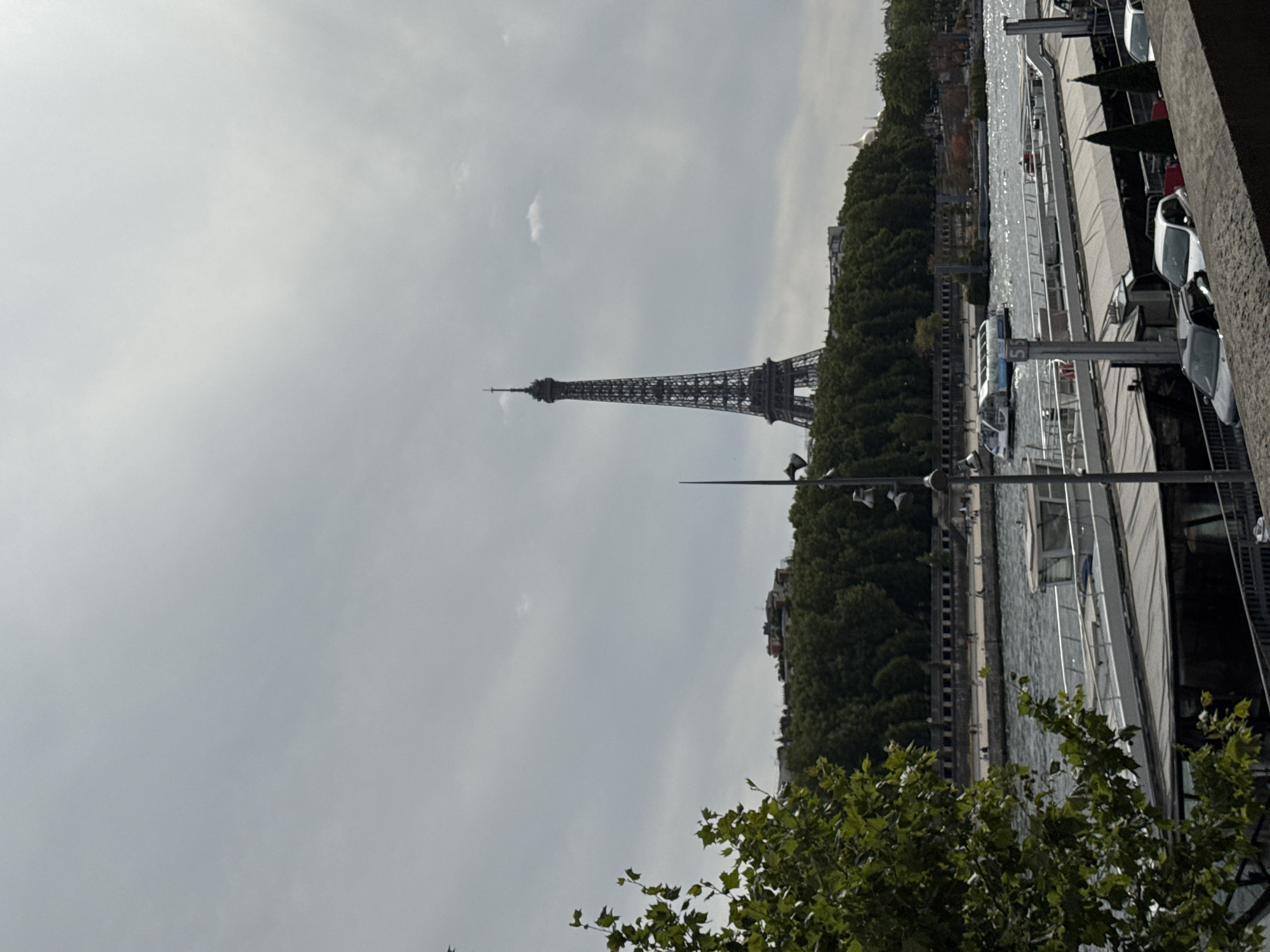 The image depicts a view of the Eiffel Tower in Paris, France, as seen from across the Seine River. The sky is overcast with diffuse light. In the foreground, a tree with green foliage is on the left, and a riverbank with moored boats and parked cars is on the right. The river itself is visible, with a passenger boat navigating on it. In the middle ground, the Eiffel Tower stands tall against the cloudy sky, surrounded by a dense line of trees and buildings. People can be seen walking along the riverbank. The scene captures a typical urban landscape in Paris with iconic landmarks and everyday activities.