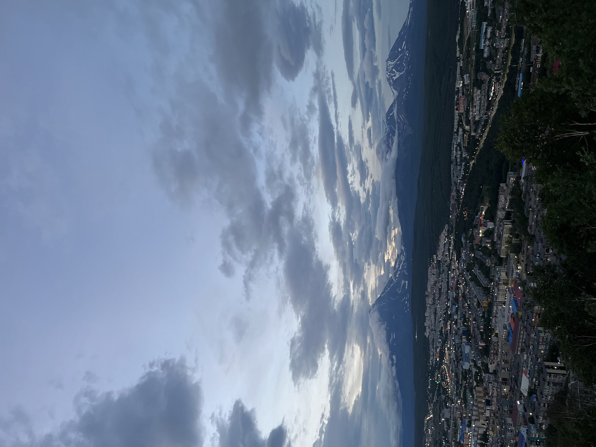 The image is an aerial view of Petropavlovsk-Kamchatsky, Russia, at dusk. In the foreground, dense foliage obscures the bottom of the frame, transitioning to a city skyline characterized by numerous buildings of varying heights and architectural styles, illuminated by streetlights and interior lights. Roads with visible traffic lights and car headlights crisscross the urban landscape. A darker, forested area separates the city from a range of majestic, snow-capped volcanoes in the background. The volcanoes, partially shrouded in clouds, dominate the horizon under a dusky sky filled with dramatic, grey and white clouds. The overall scene captures the unique juxtaposition of a populated urban center with a powerful natural landscape.
