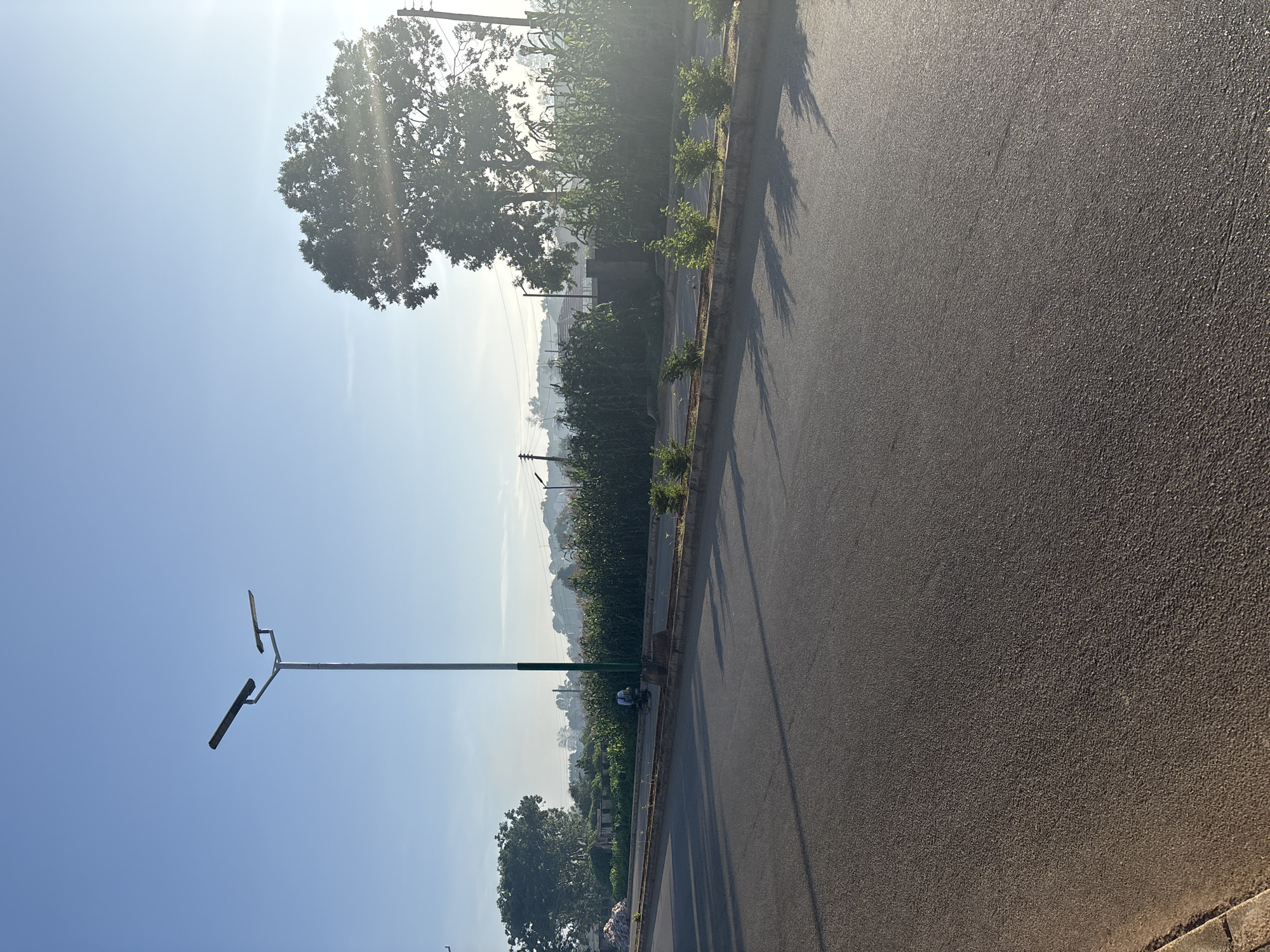 A street scene in Bukuru, Nigeria, shows a two-tiered streetlamp on a paved road. The streetlamp is positioned on the left side of the image, with its pole extending vertically upwards. Two light fixtures are attached to the top of the pole, angled outwards. The road itself appears to be asphalt, with a clear lane marking visible. On the right side of the road, there is a raised curb with some vegetation planted along it. Beyond the curb, a dense area of tall, green crops, likely corn, stretches into the background. In the far distance, a line of trees and some structures are visible under a clear, pale blue sky. The sun appears to be low in the sky, casting long shadows across the road and illuminating the scene with a soft light. A person on a bicycle is seen cycling on the sidewalk area next to the curb, further down the road.