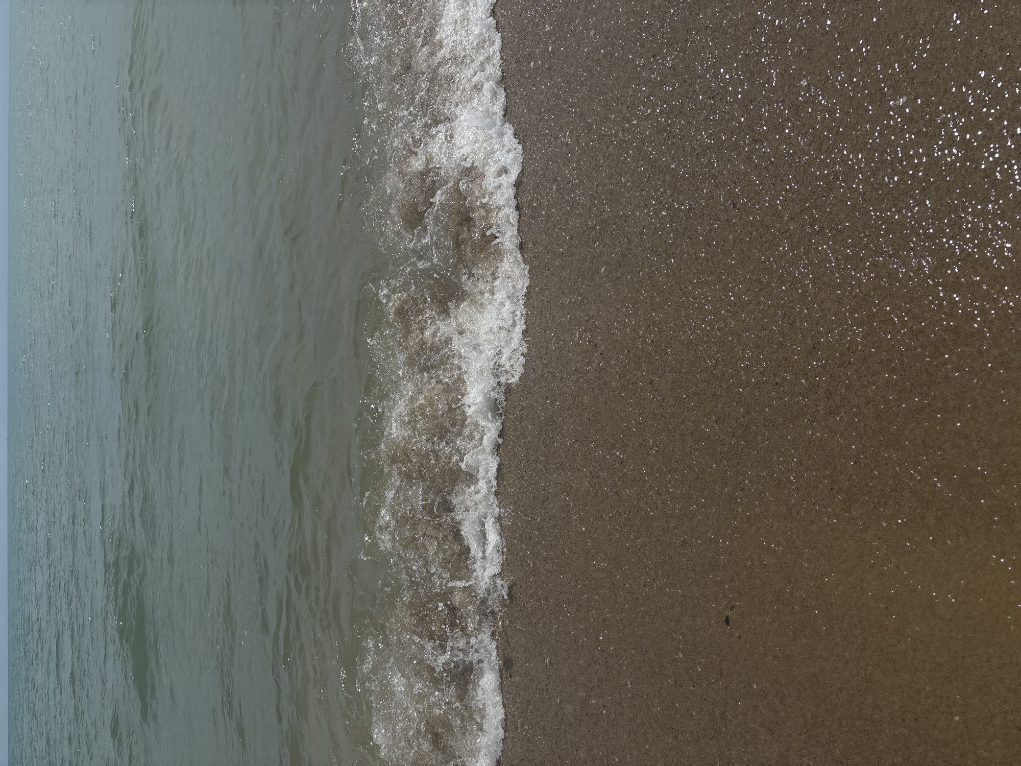 The image depicts a tranquil scene of a gentle wave lapping at a sandy shore. The water is a muted green-blue, with subtle ripples reflecting the overcast sky. The wave itself is characterized by a line of white foam cresting and dissolving into the wet sand. The sand is a medium brown, appearing slightly damp and speckled with tiny, reflective particles, likely mica or other minerals, which catch the light. There are no people, structures, or prominent objects visible in the frame, emphasizing the natural and serene quality of the environment. The scene suggests a coastal location, likely along the Black Sea coast, given the reference to Bliznatsi, Bulgaria, a village situated near the sea. The perspective is from a low angle, looking down towards the water's edge.
