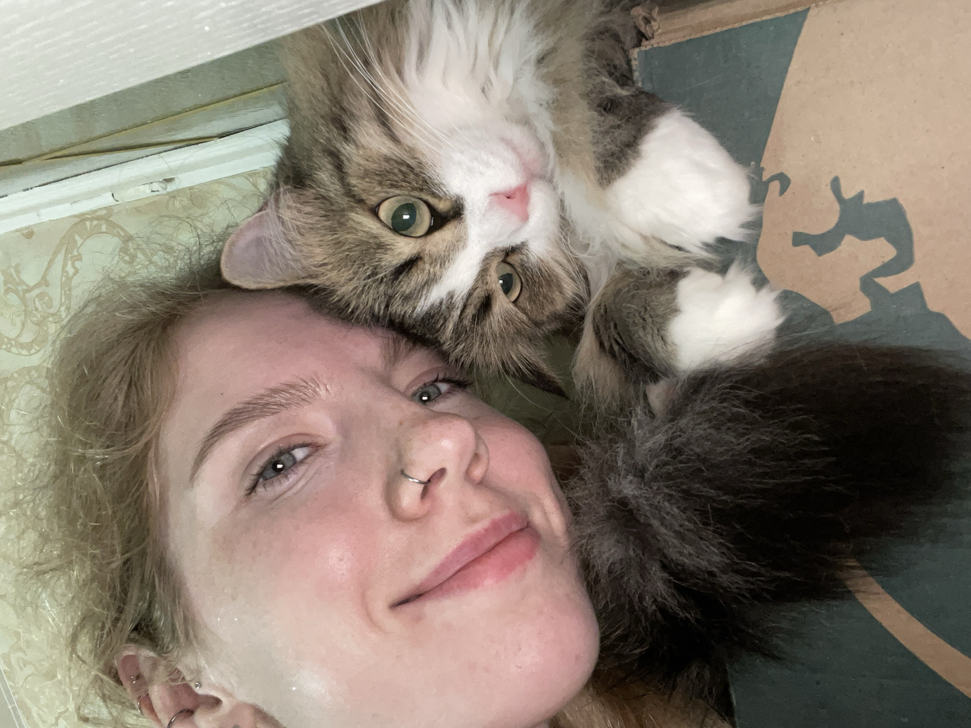 In this close-up, high-angle shot, a young Caucasian individual with fair skin, light brown curly hair, and multiple ear piercings rests their head against a fluffy tabby cat. The individual's left eye is visible, with a light blue iris and well-defined eyebrows, and they are smiling slightly. A silver nose ring is present on their septum. The cat, positioned to the right, has green eyes, a pink nose, and prominent white markings on its face and chest, with white paws. The cat's tail is thick and dark brown. They appear to be interacting intimately, with the individual's forehead touching the cat's head. The background is out of focus, showing a textured wallpaper with a subtle pattern and a white vertical element, possibly a door frame or wall edge. The scene suggests a domestic setting, likely indoors, in Izhevsk, Russia, although no specific landmarks or contextual clues definitively place it within the city.