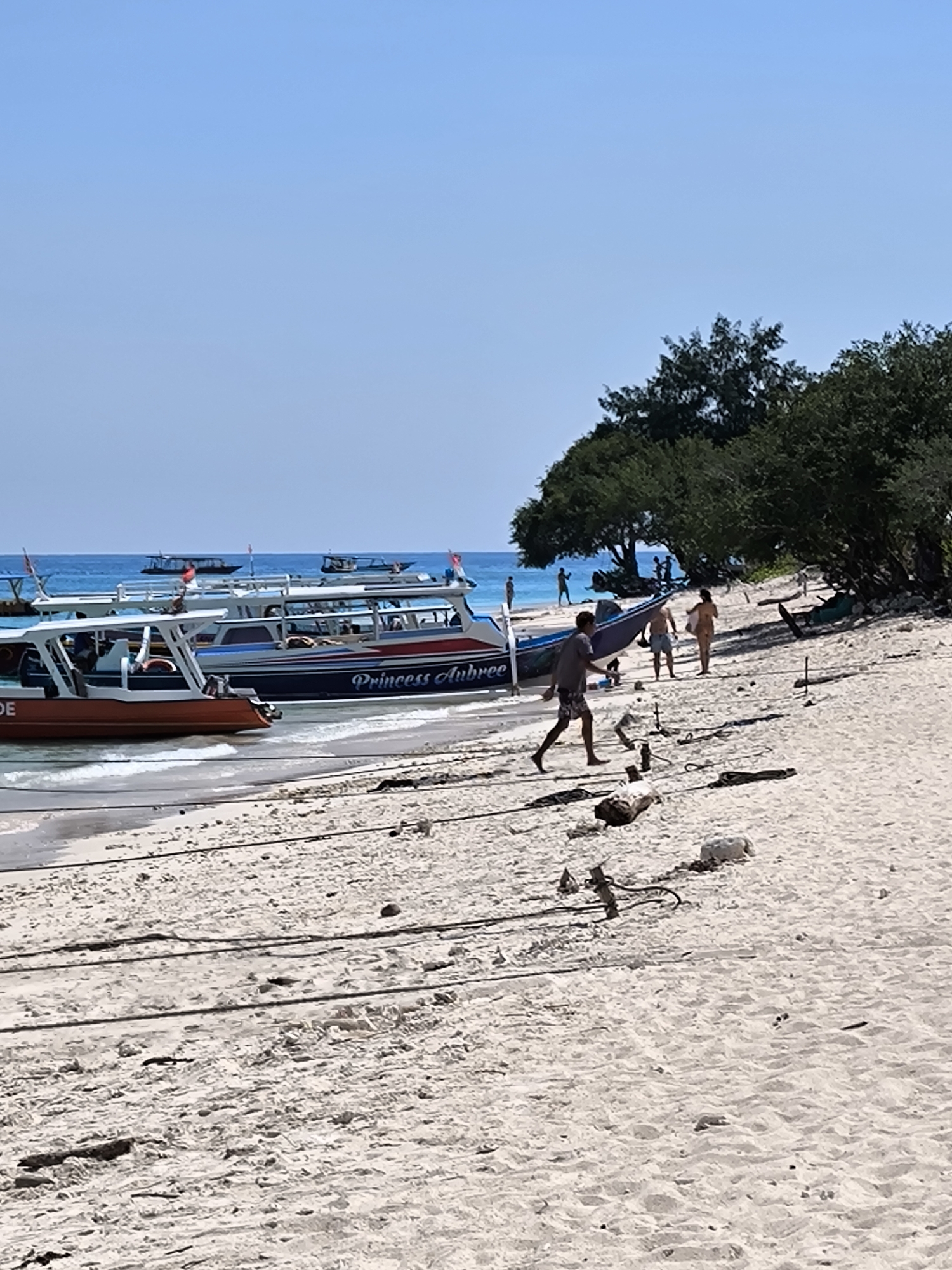 The image depicts a sandy beach in Unknown, Indonesia, lined with several motorboats resting on the shore near the water's edge. One of the boats is named "Princess Aubree". Several people are present on the beach, including a man running in the foreground and other figures walking near a group of trees lining the edge of the beach. The sky is clear and blue. Ropes and various debris are scattered on the sand.