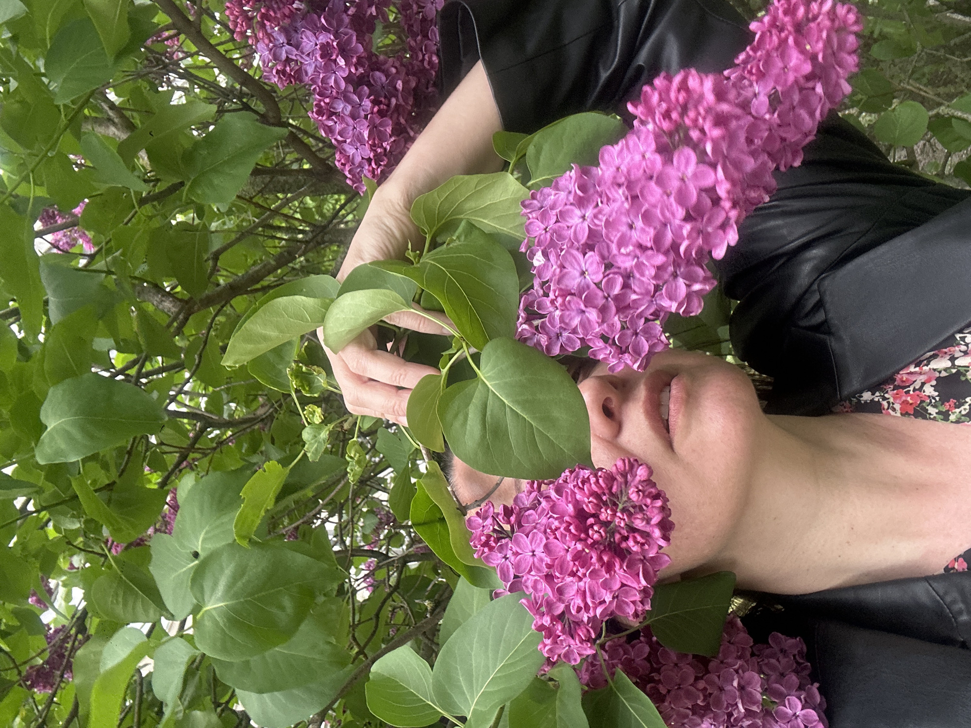 A woman is partially visible, laying among lilac bushes with branches overhead. The woman is wearing glasses and a dark leather jacket with a floral patterned shirt underneath. Her hands are near the flowers, holding a branch of leaves. The location is Riga, Latvia.
