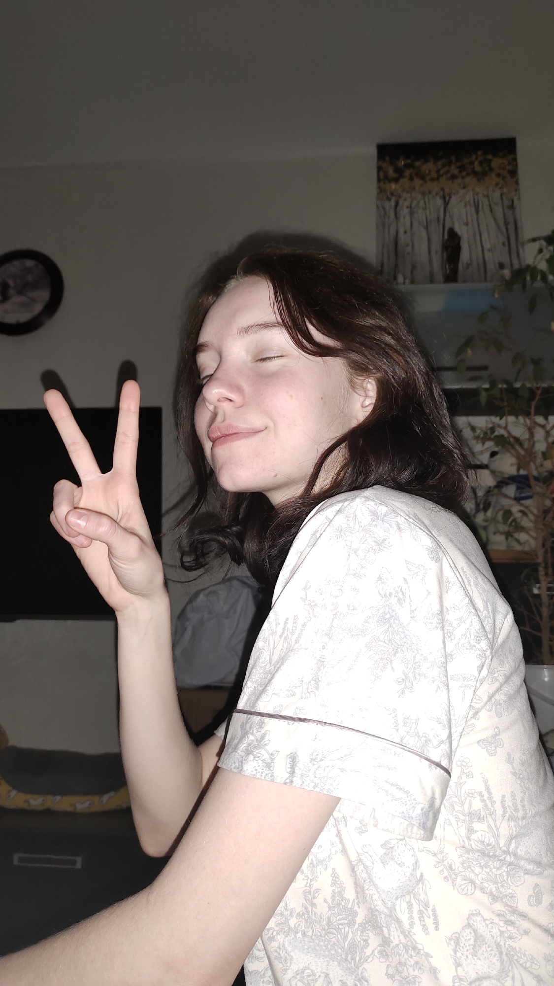 A young woman with medium-length, dark brown hair is captured in a close-up, indoor portrait. She is positioned facing slightly right, with her head tilted back, eyes closed, and a soft, contented smile on her face. Her left hand is raised, making a clear "peace" or "victory" sign with her index and middle fingers extended. She is wearing a light-colored, short-sleeved top or pajamas adorned with a subtle grey floral or toile pattern, and a thin light brown piping detail along the sleeve cuffs.
The setting appears to be a room, likely a home in Chaikovsky, Russia. In the background to the left, a portion of a dark, circular wall clock is visible above what seems to be a dark television screen or furniture. Above the woman's right shoulder, a rectangular painting hangs on the wall, featuring dark, vertical tree-like forms against a lighter background, with bright, possibly golden, accents at the top suggesting foliage or light. A leafy green houseplant is partially visible in the lower right corner. The lighting is artificial and somewhat dim, indicative of an evening or nighttime shot. The woman's closed-eyed smile and peace sign convey a mood of happiness, tranquility, or playfulness. There is no visible text in the image.