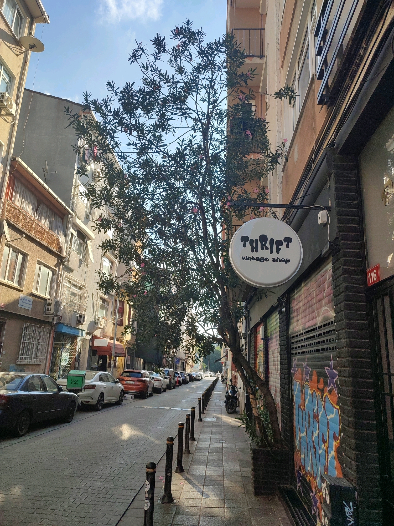 The image depicts a street scene in Kadıköy, Turkey. A tree with pink blossoms is situated in the foreground, extending upwards along the sidewalk. To the right of the tree, a round, white sign for "THRIFT vintage shop" is mounted on a brick building with graffiti. The building also features a roll-up shutter. A red sign with the number "116" is visible on the building. The street is paved with cobblestones and lined with parked cars. Buildings with windows and balconies are visible on the left side of the street. The sky is clear and blue.