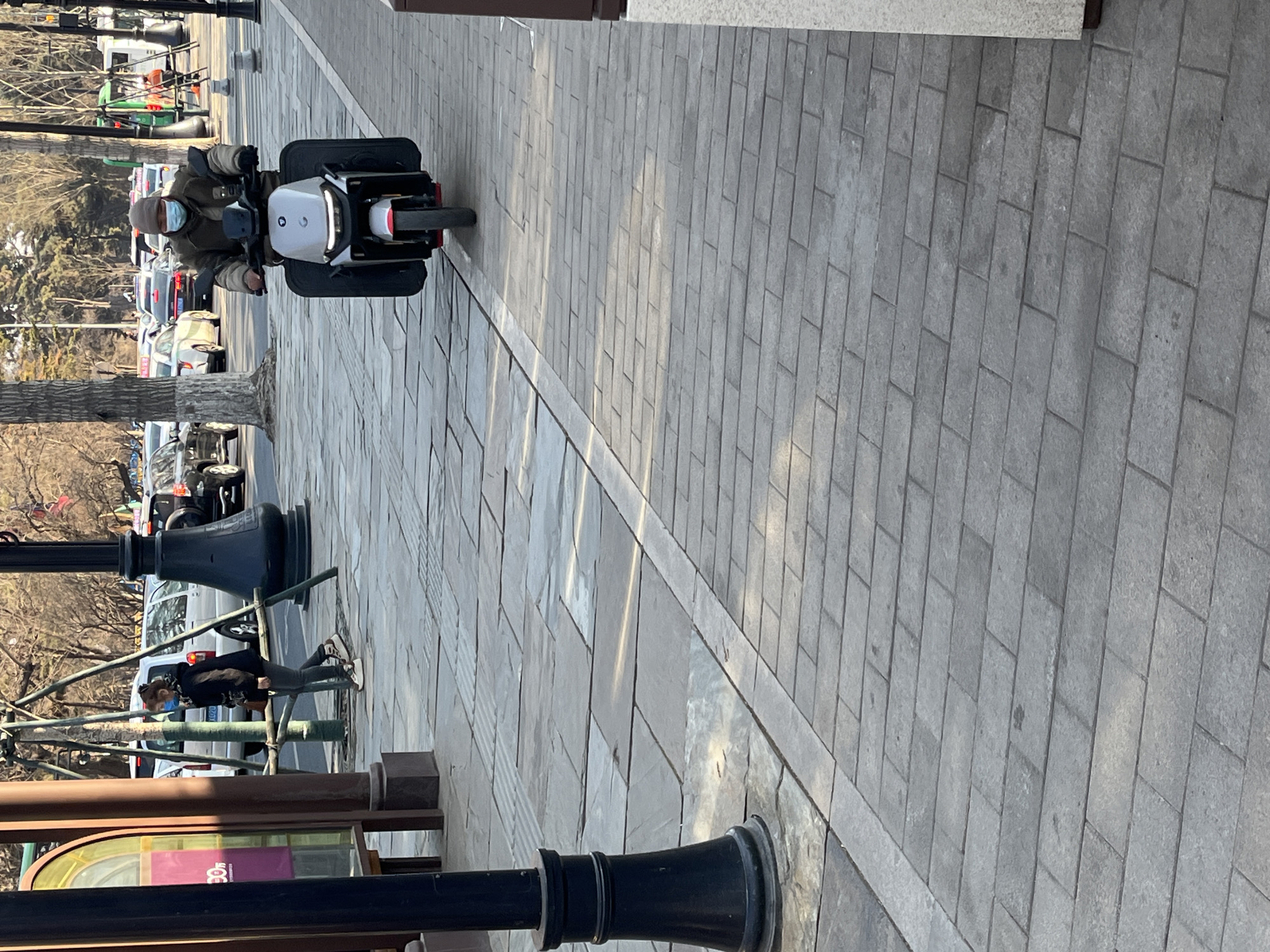 The image depicts an urban scene in Changchun City, China. A person wearing a winter coat, hat, and a face mask is riding a small, electric scooter or moped on a paved sidewalk. The sidewalk is made of rectangular gray stones. The scooter is light gray and black, with a small storage compartment behind the seat. Parallel to the sidewalk is a road with parked and moving vehicles. Pedestrians and trees line the street. The foreground features elements of street furniture, including a dark-colored lamppost and what appears to be a bus shelter or advertising kiosk. The overall lighting suggests a clear, sunny day.