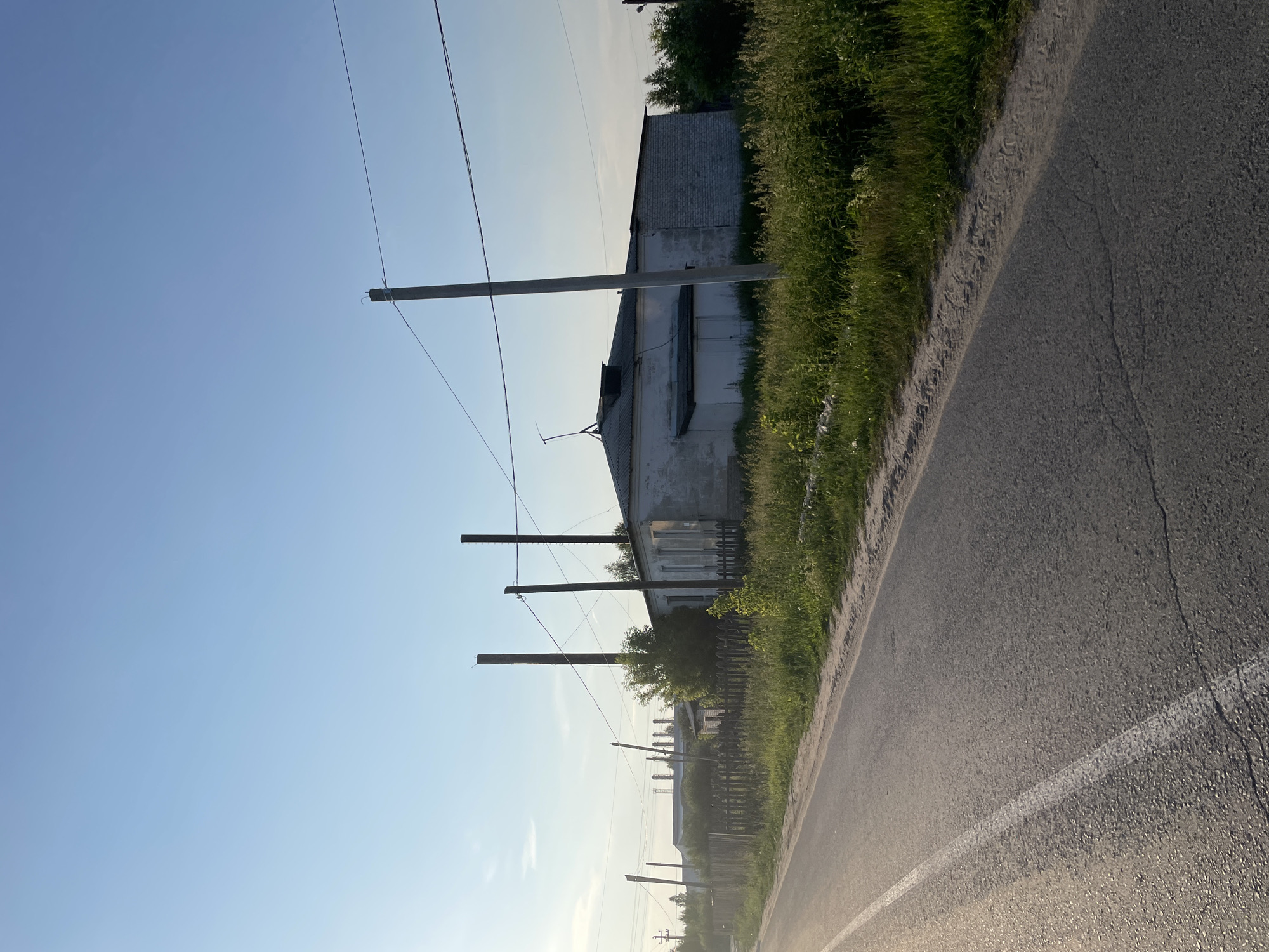 The image depicts a rural or industrial area under a clear blue sky. In the foreground, a two-lane asphalt road runs diagonally from the bottom left to the middle of the frame, with a white line marking the center. The road has some cracks. To the right of the road is a grassy verge with tall green grass and some scattered weeds. Beyond the verge, a low, weathered wooden fence runs horizontally across the mid-ground.
Behind the fence, a long, single-story, light-colored building with a dark roof is visible. The building appears to be made of brick and has several windows and two white doors. It is partially obscured by overgrown vegetation. In front of the building and along the fence line, more dense green grass and bushes are present.
Several tall, dark, cylindrical structures, possibly industrial chimneys or remnants of old structures, are interspersed within the scene. Two prominent, taller chimneys stand to the left of the building, and a shorter one is visible further left. Utility poles with wires are also scattered throughout the scene, running horizontally across the frame.
In the distance, to the left of the main building, a line of industrial structures with multiple tall, slender chimneys is visible, suggesting the presence of an industrial complex. The overall environment appears to be on the outskirts of a settlement, possibly the village of Пруды, Russia, given the visual cues of a road, residential or utilitarian building, and distant industrial elements. The lighting suggests it is late afternoon or early morning due to the low angle of the sun, casting a warm glow on the road. No people are present in the image.