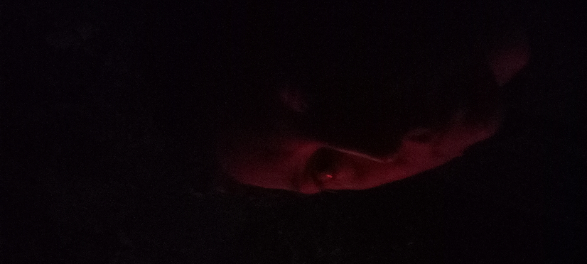 The image depicts a human face, partially illuminated by a strong red light, in a dark environment within the city of Kryvyi Rih, Ukraine. The subject's left eye (viewer's left) is clearly visible and exhibits a distinct red-eye effect. The left cheekbone, nose, and a portion of the mouth/chin are also visible, rendered in shades of red due to the illumination. The right side of the face and the majority of the background are obscured in deep shadow, making environmental details indistinguishable. The subject appears to be looking generally towards the camera. No discernible objects or further details regarding attire or specific setting are present due to the severe underexposure and monochromatic red lighting.