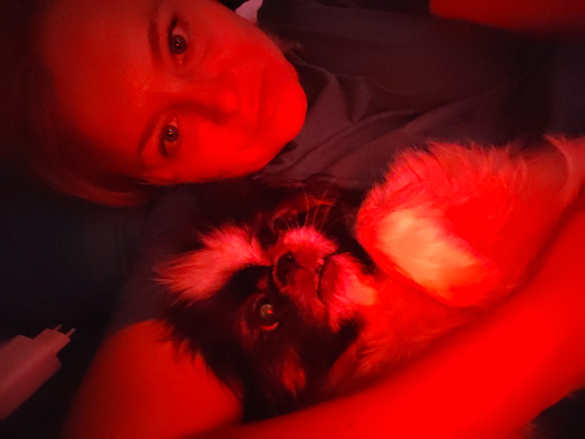 The image depicts a person's face illuminated by a red light, close-up and partially obscured. The person's eyes are visible, looking upwards. A small dog, also illuminated by the red light, is held in the person's arms, its head and upper body visible. The dog's fur appears fluffy, with dark and lighter markings. The background is dark and out of focus, with a white object resembling a power adapter visible on the left side. The lighting suggests a dark environment, possibly indoors. There is no discernible information within the image to indicate a specific location in Izhevsk, Russia.
