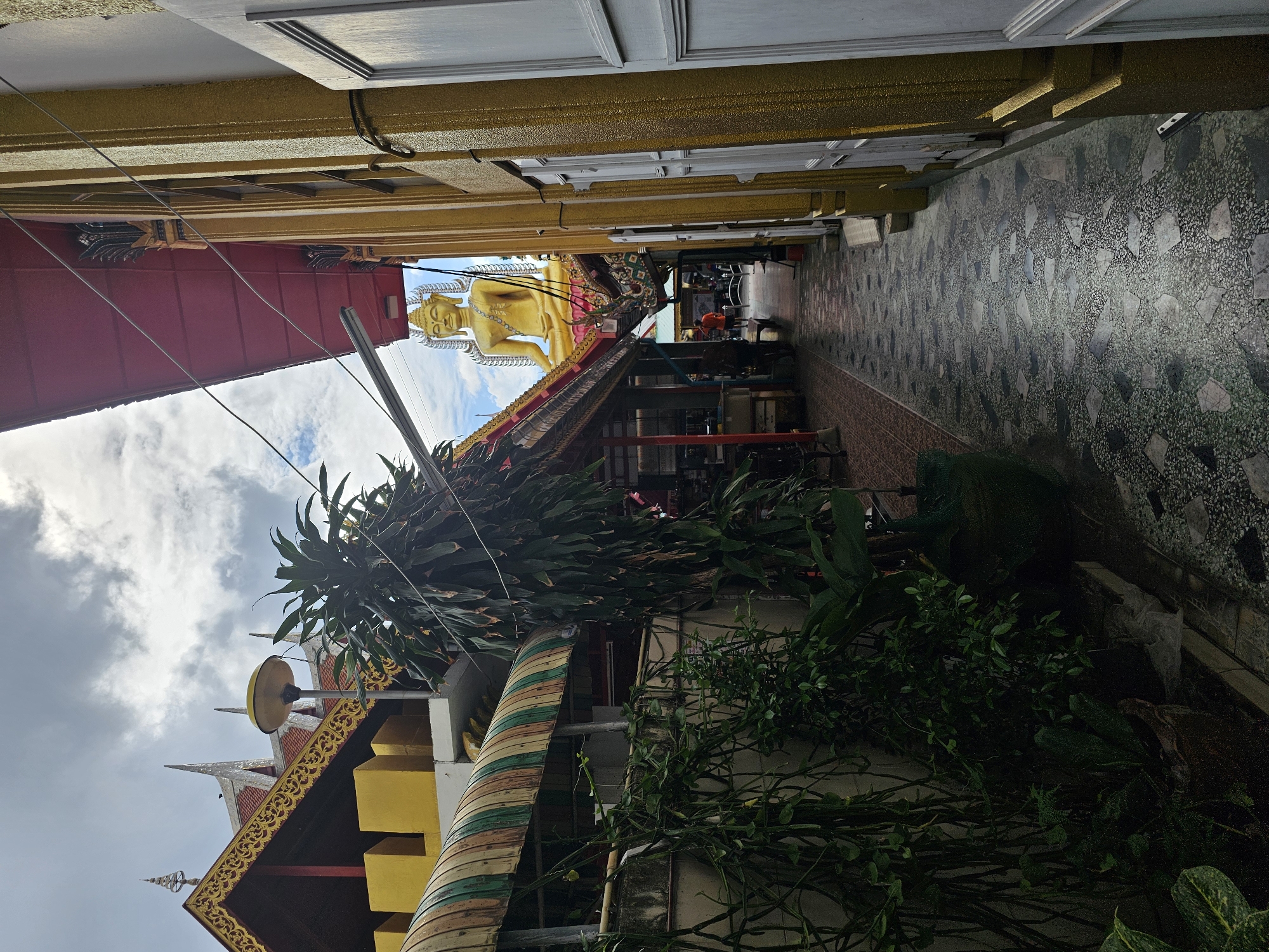 The image depicts a narrow walkway between two buildings in Bangkok, Thailand. The walkway is paved with grey and white mosaic tiles. On the right, a tall golden building features a yellow, textured facade and white panel doors. On the left, a wall is covered with lush green foliage, including vines and large-leafed plants in pots. Beyond the foliage, a striped awning of green, white, and brown extends over a section of the walkway, with a yellow building visible behind it. In the background, a large, golden Buddha statue is seated and facing forward, positioned above a red-roofed structure adorned with intricate gold trim. The sky above is cloudy and grey. The scene appears to be a part of a temple or a religious site within the city.