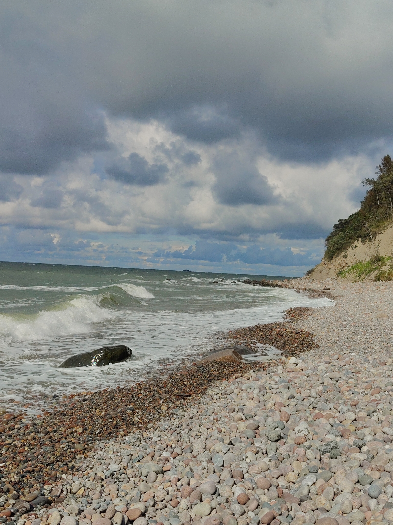 An overcast day at a pebble beach in Pionersky, Russia, with rough seas and a steep, forested cliffside. The foreground is dominated by a dense scattering of smooth, multi-colored pebbles of varying sizes, some wet from the receding tide. A large, dark, oblong rock is partially submerged in the foamy water near the shore. Gentle waves crash against the shore, creating white surf and foam. The sea stretches to the horizon, meeting a sky filled with heavy, gray and dark blue clouds, with patches of lighter sky visible. To the right, a rugged cliff rises sharply, covered in dense green vegetation and trees. A small, darker object, possibly a boat, is visible on the distant horizon. The scene conveys a sense of raw, natural beauty and the power of the sea on a cloudy day.