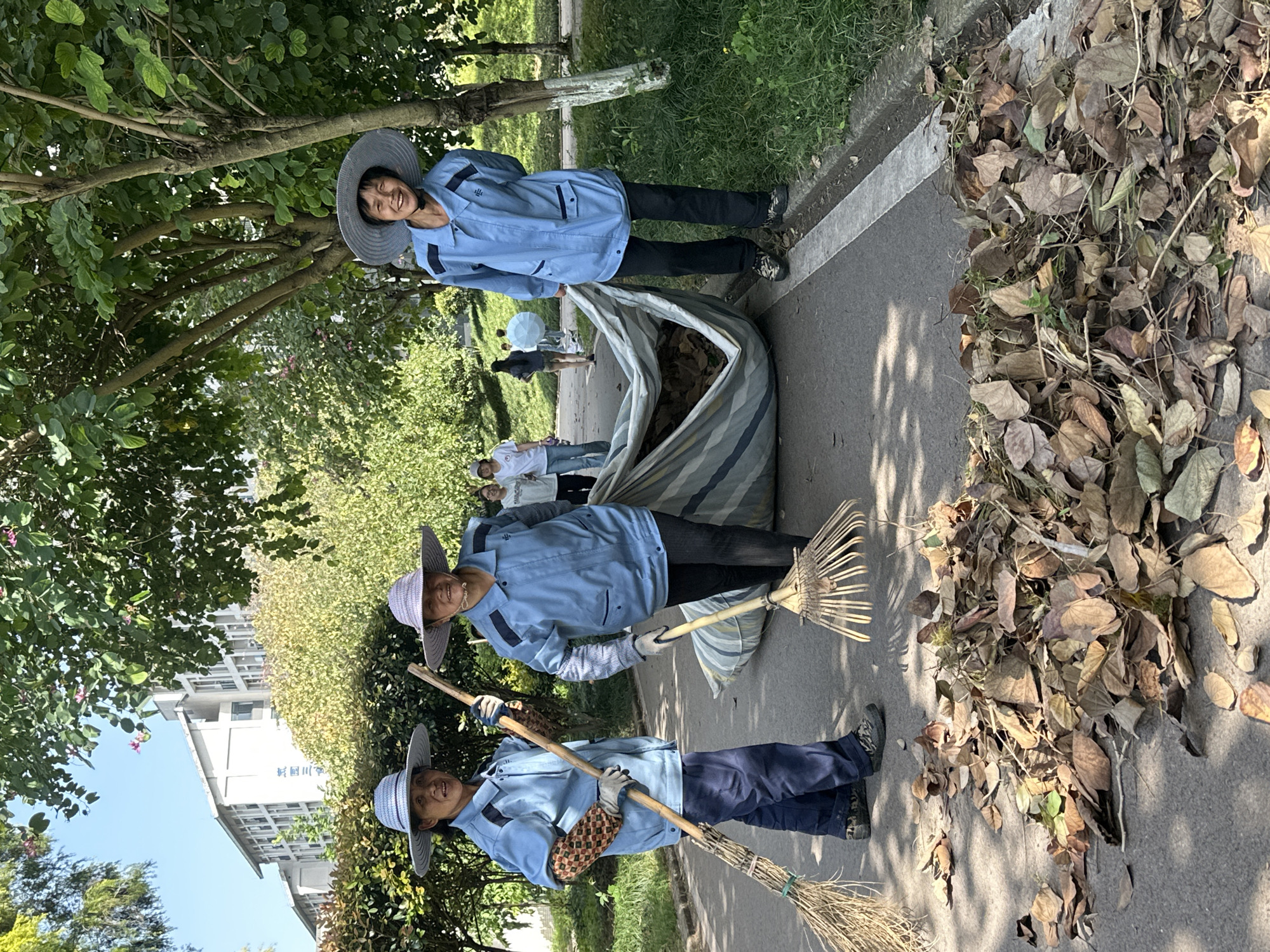 Three women in blue uniforms and wide-brimmed hats are cleaning up leaves on a paved area in Jiangjin, China. One woman is smiling while standing near a tree and a large bag of leaves. Another woman holds a rake, and a third woman holds a broom. A pile of leaves lies on the pavement. Other people are visible in the background. A building is visible in the background.