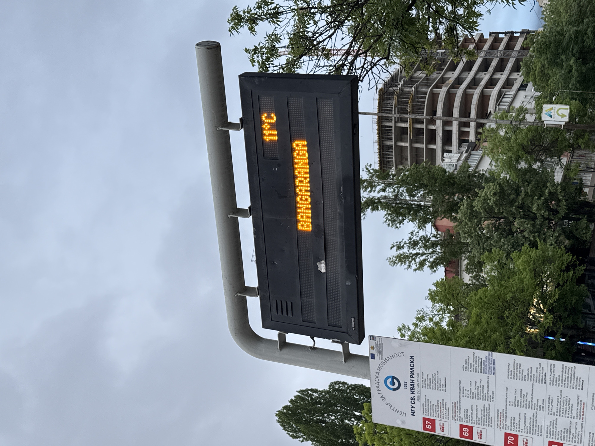 A street sign in Sofia, Bulgaria displays the current temperature as 11°C and the word "BANGARANGA". The sign is mounted on a gray metal pole. Below the sign is another sign listing destinations and bus numbers. In the background, there is a building under construction, green trees, and a cloudy sky. The sign reads "CENTR'ZA GRADSKA MOBILNOST 1033 MGU SV. IVAN RILSKI MGU SV. IVAN RILSKI." The names of stops such as "STUDENTSKI GRAD" are also visible.