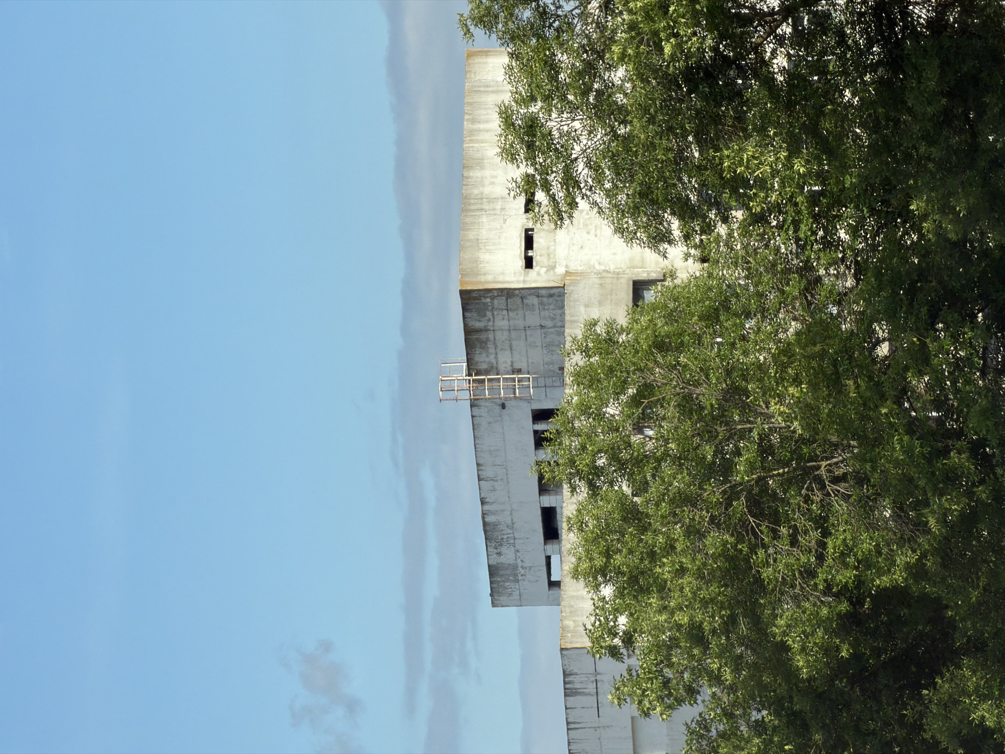 The image shows a close-up view of a weathered, Brutalist-style building against a bright blue sky with scattered clouds. The building is constructed of concrete and appears to be multi-story, with rows of small, dark windows and a visible external metal ladder. Lush green trees with dense foliage are in the foreground, partially obscuring the lower levels of the building. The overall scene suggests an urban environment, possibly an industrial or institutional area, with a clear daytime sky. The image does not contain any people or discernible actions.