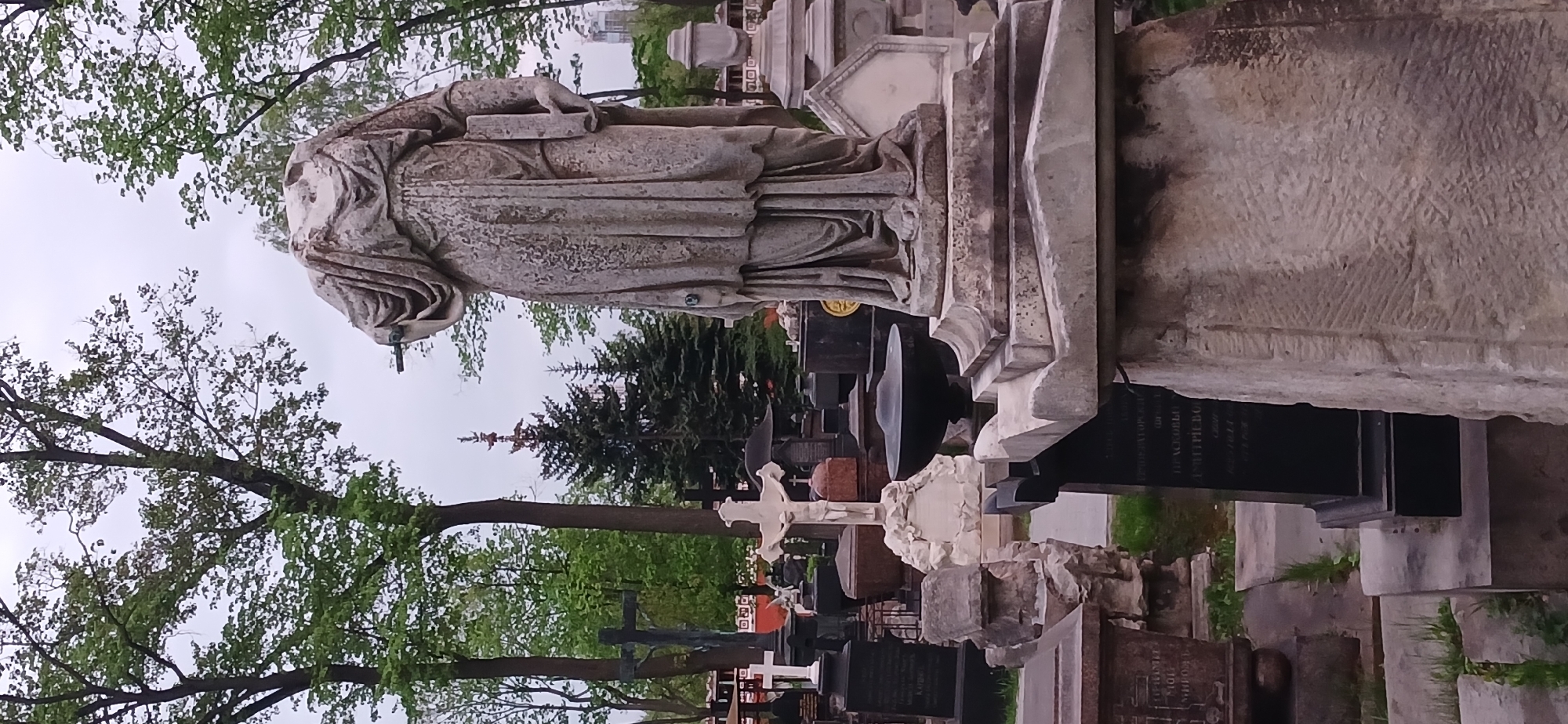 The image captures a scene in a cemetery, likely located in Moscow, Russia. The primary subject is a weathered stone statue of a figure holding a book, possibly a religious figure or a memorial. The statue stands atop a layered stone structure. The surrounding environment is filled with various gravestones, crosses, and monuments of different designs and sizes, typical of an old cemetery. Trees with green leaves are present, providing a backdrop to the scene. The sky appears overcast, creating a muted light across the area.