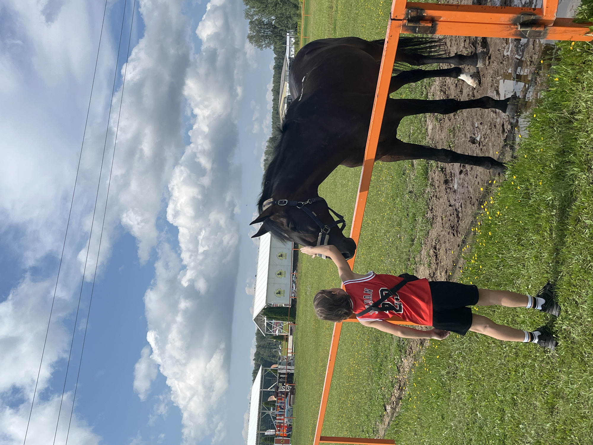 In Kurtsevo (Kovriginskii S/S), Russia, a young boy wearing a red Michael Jordan basketball jersey with the number 23, black shorts, striped socks, and black sneakers stands in a grassy field, facing a dark brown horse. The boy's right hand is resting on the horse's forehead. The horse is wearing a bridle and is standing near a muddy patch of ground and an orange metal fence. In the background, there are several white tent-like structures with some equipment and trees. The sky is blue with scattered white clouds, and power lines are visible overhead.