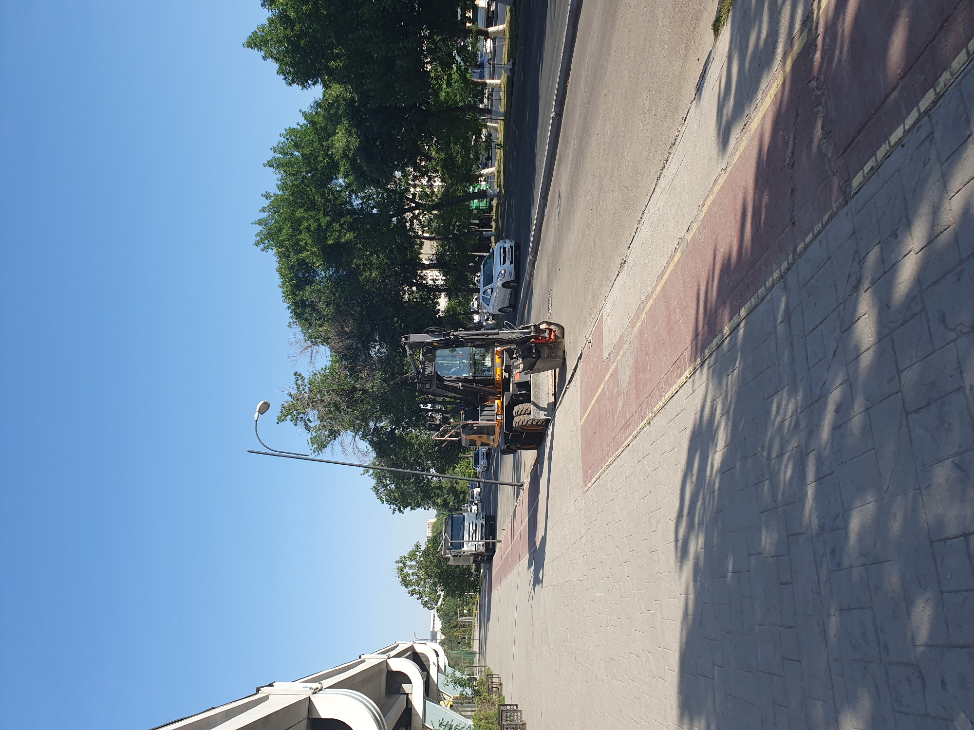 The image depicts a street scene in Tashkent, Uzbekistan, likely during daytime under a clear blue sky. In the foreground, a grey tiled sidewalk is visible, with a red-colored bike lane adjacent to it, marked with yellow lines. Shadows of tree leaves are cast upon the sidewalk and bike lane.
On the sidewalk, a yellow excavator is parked, its arm raised. Further down the sidewalk, a white dump truck is also parked. Beyond the sidewalk and bike lane lies a paved road with several cars driving on it. The road is lined with numerous green trees on the right side. A modern-looking building with a curved overhang is present on the left side of the image. A lamppost stands on the sidewalk between the excavator and the dump truck. The overall environment appears to be a well-maintained urban street, possibly undergoing some construction or maintenance work.
