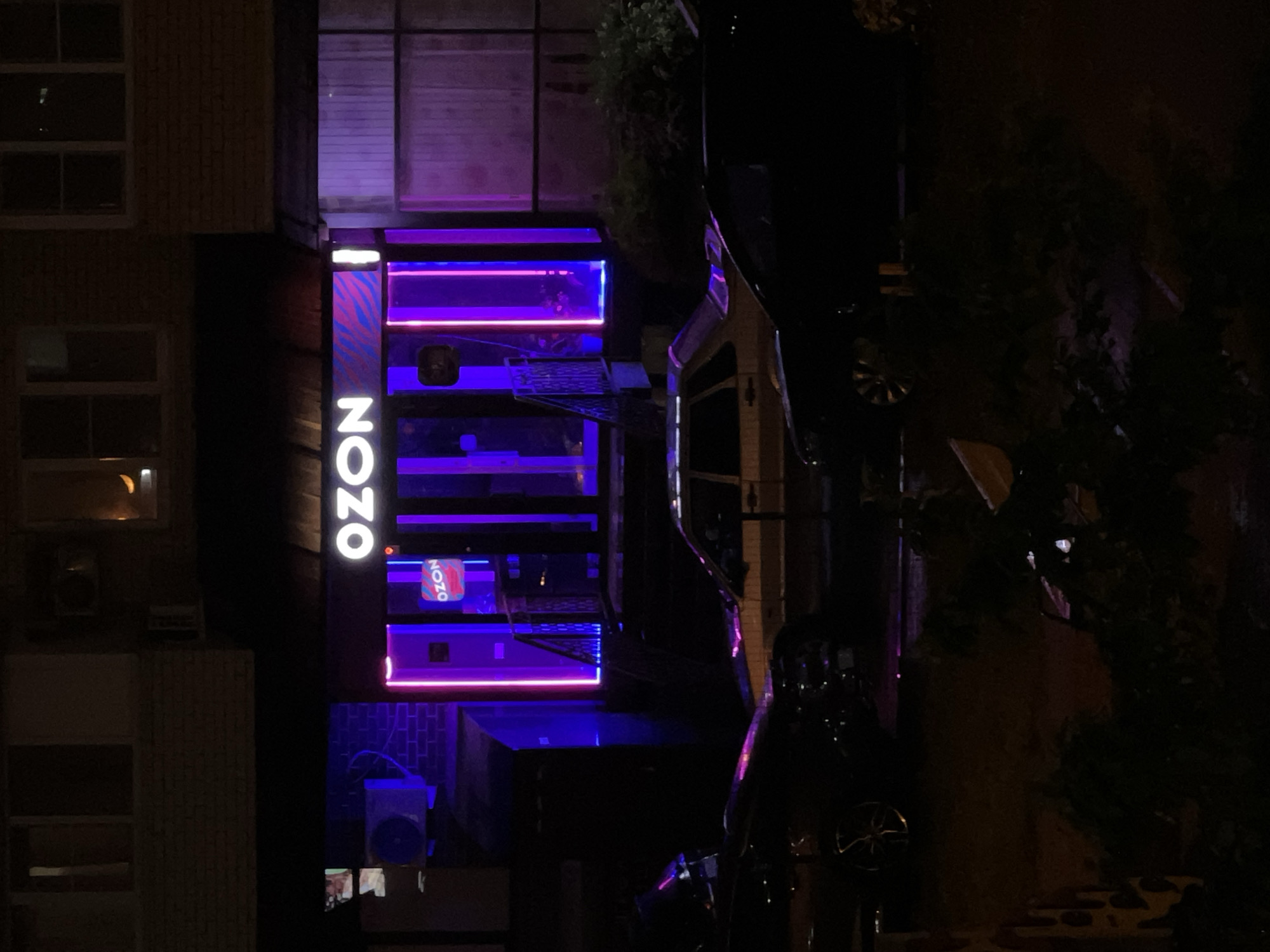 The image shows the entrance to "NOZO" in Krasnodar, Russia. The building has a multi-level display or shelving unit visible through the entrance, outlined with bright blue and purple neon lights. A sign with the name "NOZO" in white, illuminated lettering, runs vertically along the building facade next to the entrance. A car is parked on the street. The scene is dark, with street lighting casting shadows and highlighting the neon lights. The building is adjacent to other structures and some greenery.