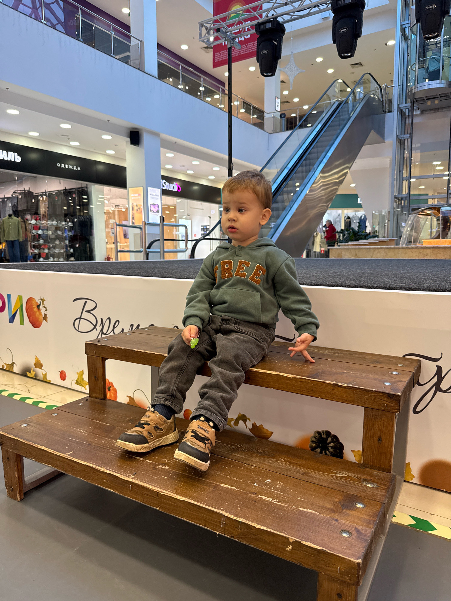 A young boy sits on a wooden bench in a brightly lit indoor shopping mall. He is wearing a dark green hooded sweatshirt with orange lettering that reads "FREE" and dark gray jeans. He has brown eyes and short brown hair. His feet are adorned with brown and black sneakers. He is holding a small, green object in his right hand and resting his left hand on the bench, with his fingers slightly splayed. The bench is rustic, made of rough-hewn wood with visible nails, and appears to be part of a staged display. Behind the boy, a white banner with colorful autumn-themed graphics and Russian text is visible. In the background, escalators ascend to upper levels of the mall, and shops with clothing displays can be seen. The mall environment suggests it is a public space, possibly a commercial center in Rusanovo, Russia, given the information provided.