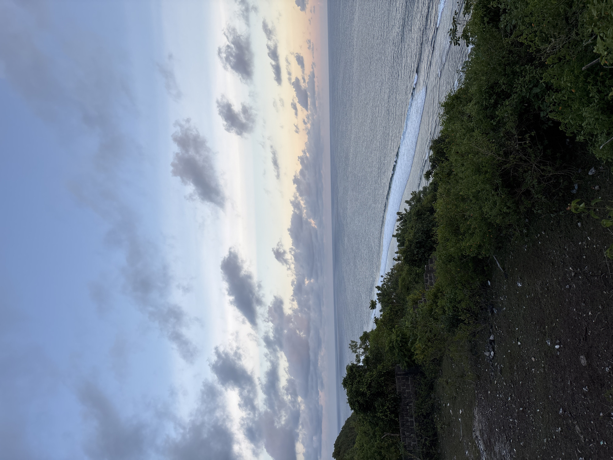 The image is a landscape photograph of a coastal scene in Ungasan, Indonesia. The view appears to be taken from a high vantage point, possibly a cliffside.
The left side of the image depicts a cloudy sky with hues of blue, gray, and hints of yellow or orange towards the horizon. The sea occupies the center of the frame, with visible waves breaking along the shore. The shoreline is lined with dense green vegetation. A dirt path runs along the cliff edge near the vegetation.