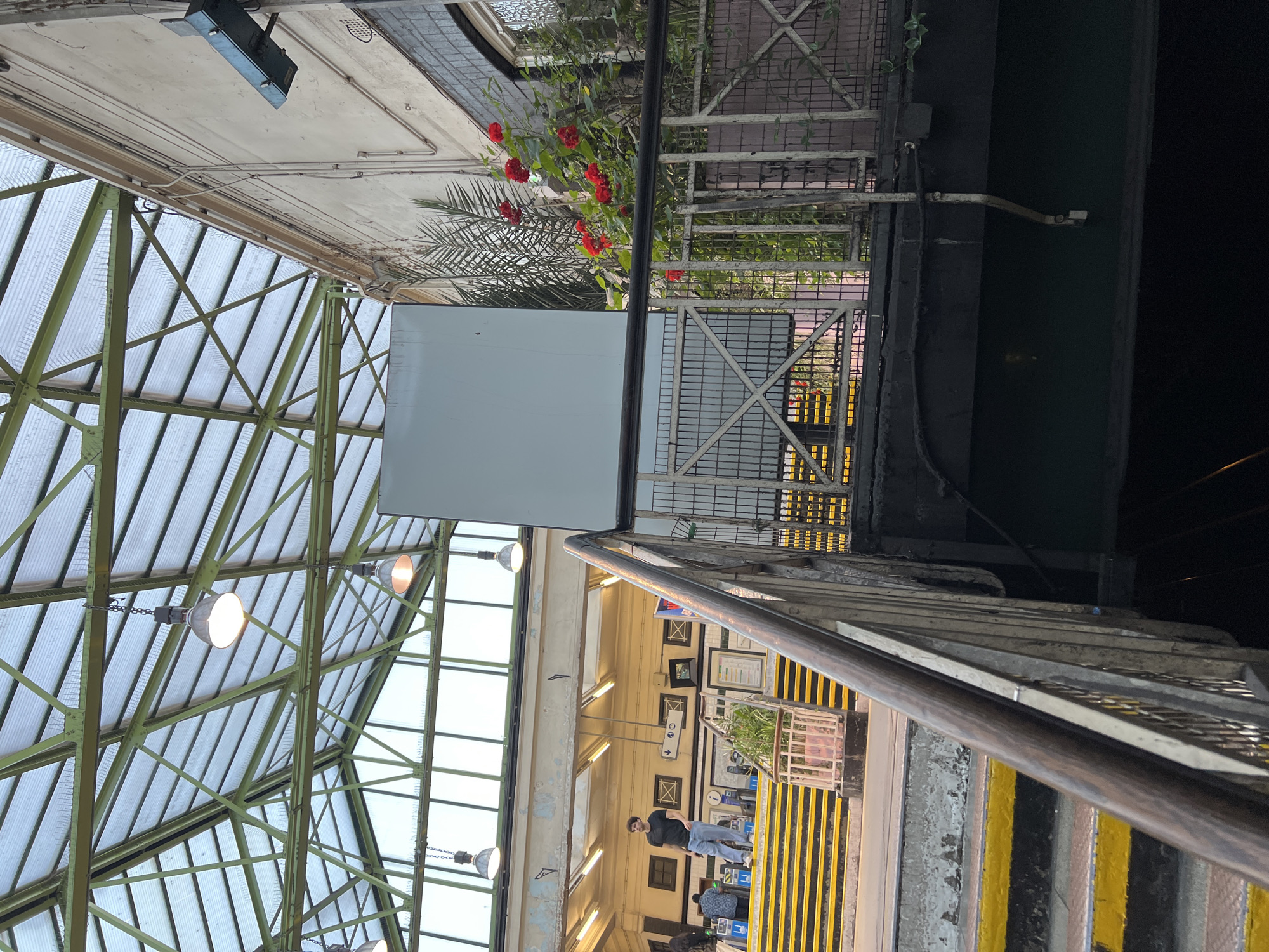 The image depicts the interior of a train station or similar public transit hub, characterized by a large, glass-paneled, green-framed ceiling structure that allows natural light to filter through. Several industrial-style pendant lights hang from the ceiling. The foreground features a prominent metal handrail and stairwell, with yellow-striped steps leading upwards and to the left.
To the left of the stairs, a man in a dark t-shirt and blue jeans is standing on a yellow-striped platform, facing towards the camera. Behind him, several other people are visible, some seated, and what appear to be ticket machines or information kiosks. The station walls are painted in muted tones, with framed pictures or signs mounted on them.
On the right side of the image, a metal fence separates the walkway from an area with lush green foliage and bright red roses. Beyond the fence, a large, light-colored rectangular panel is mounted on a structure. The scene suggests an active public space, possibly under renovation or with a blend of older and newer architectural elements. The overall lighting indicates it is daytime, possibly late afternoon given the warmth of the light.