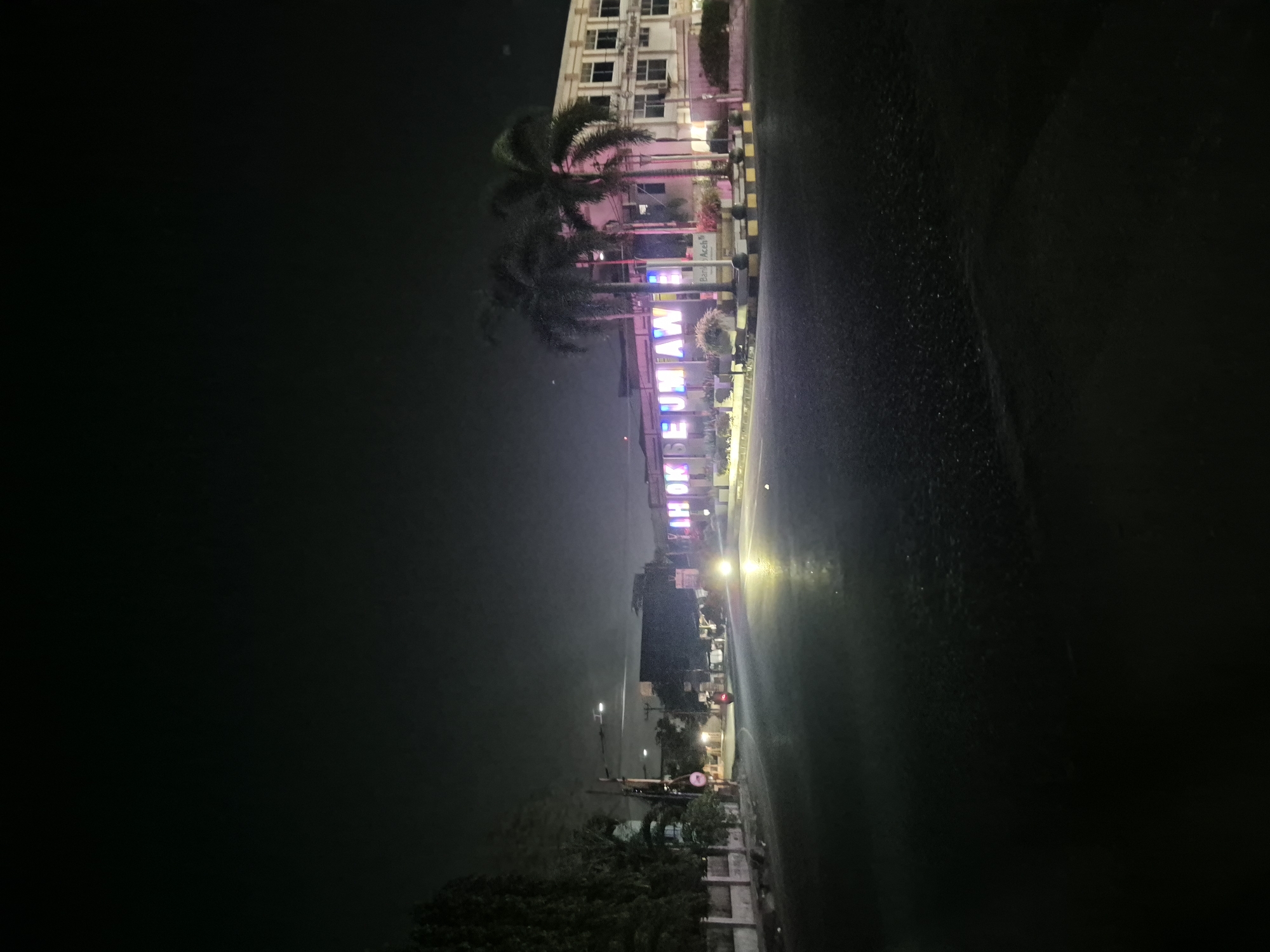 This media file depicts a nighttime street scene in Lhokseumawe, Indonesia, characterized by dark surroundings illuminated by artificial lights. The time of day is clearly night, and the wet, reflective appearance of the ground suggests recent rainfall or high humidity.
On the left side of the image, a multi-story building, possibly a hotel or commercial complex, stands prominently with numerous windows visible. In front of this building are several tall palm trees. Below the trees, an illuminated sign displays partial text "OK SEUM AW", which, with the given location context, completes to "LHOKSEUMAWE". Another smaller sign nearby clearly shows "BANK Aceh". Roadside barriers with distinct yellow and black stripes are also visible in this area.
The foreground and midground are dominated by a wet, dark paved surface, likely a street or parking area, reflecting the bright artificial lights as streaks. Further down the street, on the right, more buildings are faintly visible in the distance, alongside streetlights that cast their glow. The bottom right corner of the image contains dark, indistinct foliage, possibly bushes or low trees.
No people or specific activities are discernible in the frame, contributing to a quiet and serene atmosphere. The notable details include the bright, reflective wet ground, the illuminated signs, and the contrast between the dark night sky and the artificial lighting.