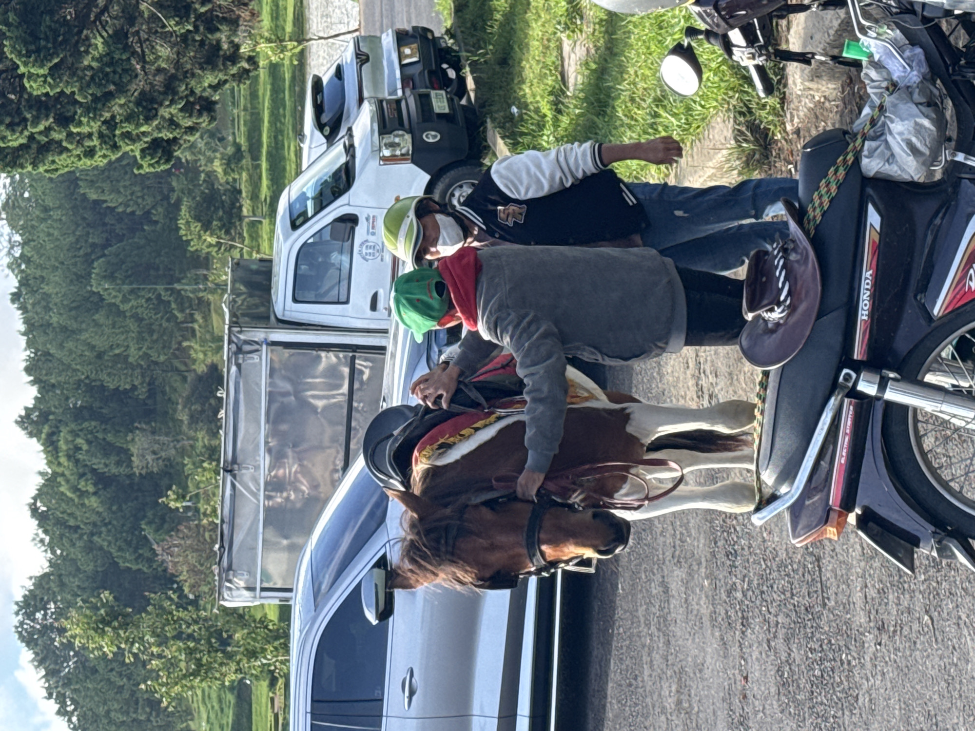 In Phường Xuân Hương - Đà Lạt, Vietnam, a small brown and white horse stands harnessed and saddled, with a person in a grey jacket and green cap tending to its bridle. Beside them, another person wearing a white face mask and a green helmet stands with a blue jacket. In the background, a silver SUV, a white truck, and a light-colored car are parked on a paved area. Beyond the vehicles, a grassy slope with scattered trees leads up to a dense forest under a cloudy sky. A dark-colored motorcycle with a brown saddle is parked in the foreground, to the right of the horse.