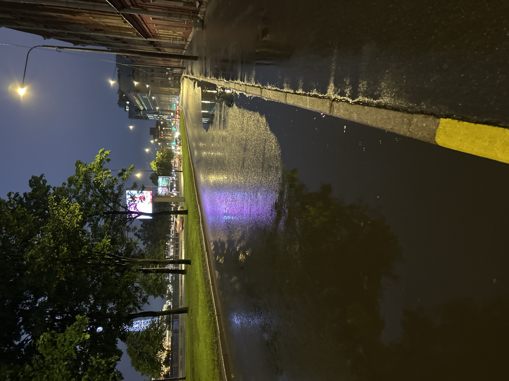 The image depicts a street scene at night, possibly after rainfall, in an urban environment. The road is wet and reflects the lights from street lamps and buildings, creating a glossy, dark surface. To the left, a grassy area is visible with several trees casting shadows. In the background, a tall, illuminated structure, possibly a tower, can be seen. Further down the street, buildings line the right side, with lights emanating from windows. A yellow line is painted along the curb. The sky is dark, indicating nighttime. No people are directly visible in the frame.