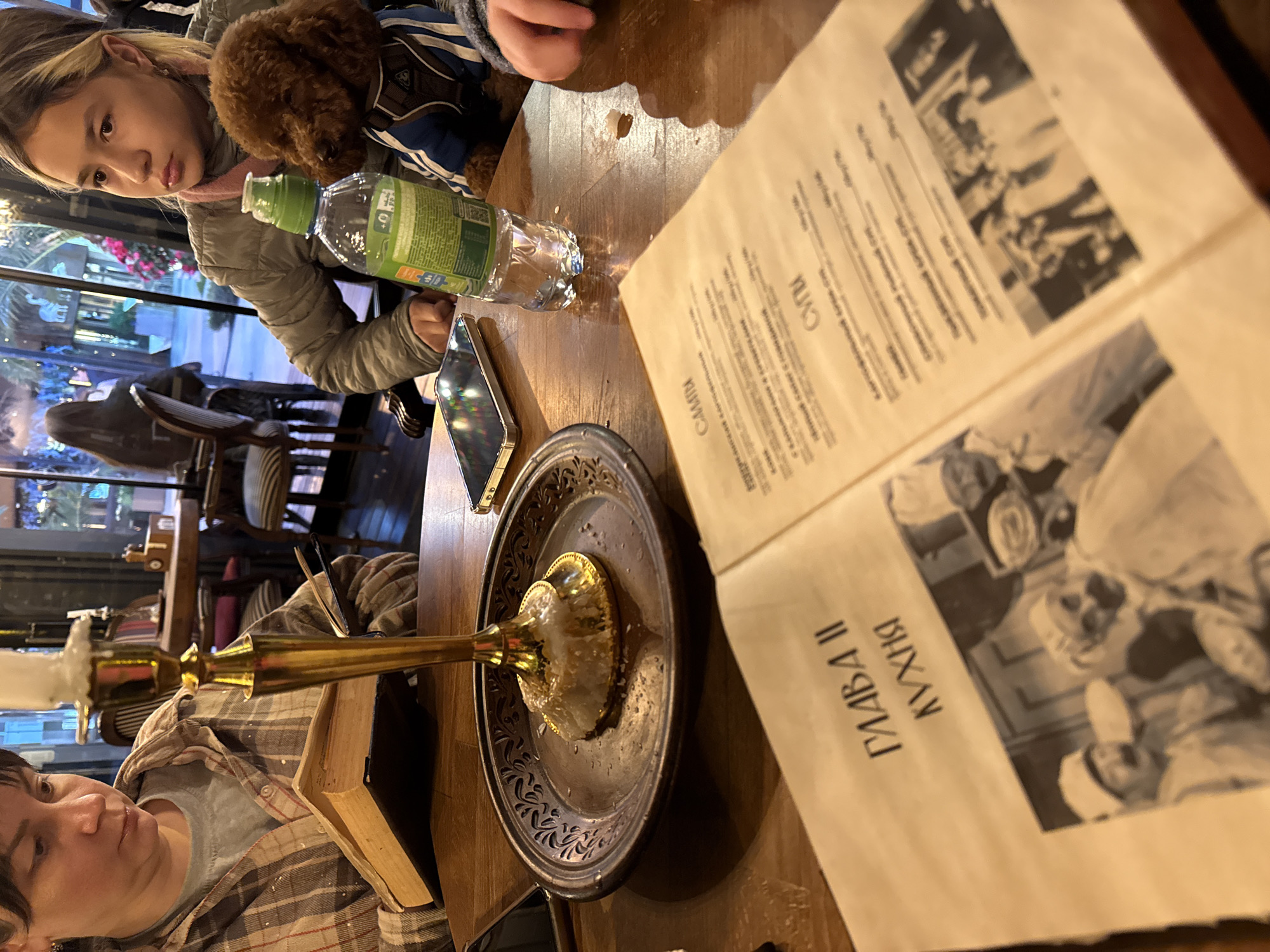 The photograph appears to be taken at a restaurant in Sochi, Russia. The scene is set on a wooden table. A girl with blonde highlights is seated, with a brown poodle next to her. A plastic bottle of water and a smartphone are on the table. A menu is open, with black and white images and Russian text. A silver plate with a golden ice cream spoon and remnants of ice cream is also on the table. Another person, wearing a plaid shirt, is visible at the bottom left, looking at the plate. The background shows a view through a glass window, including seating outside the restaurant.