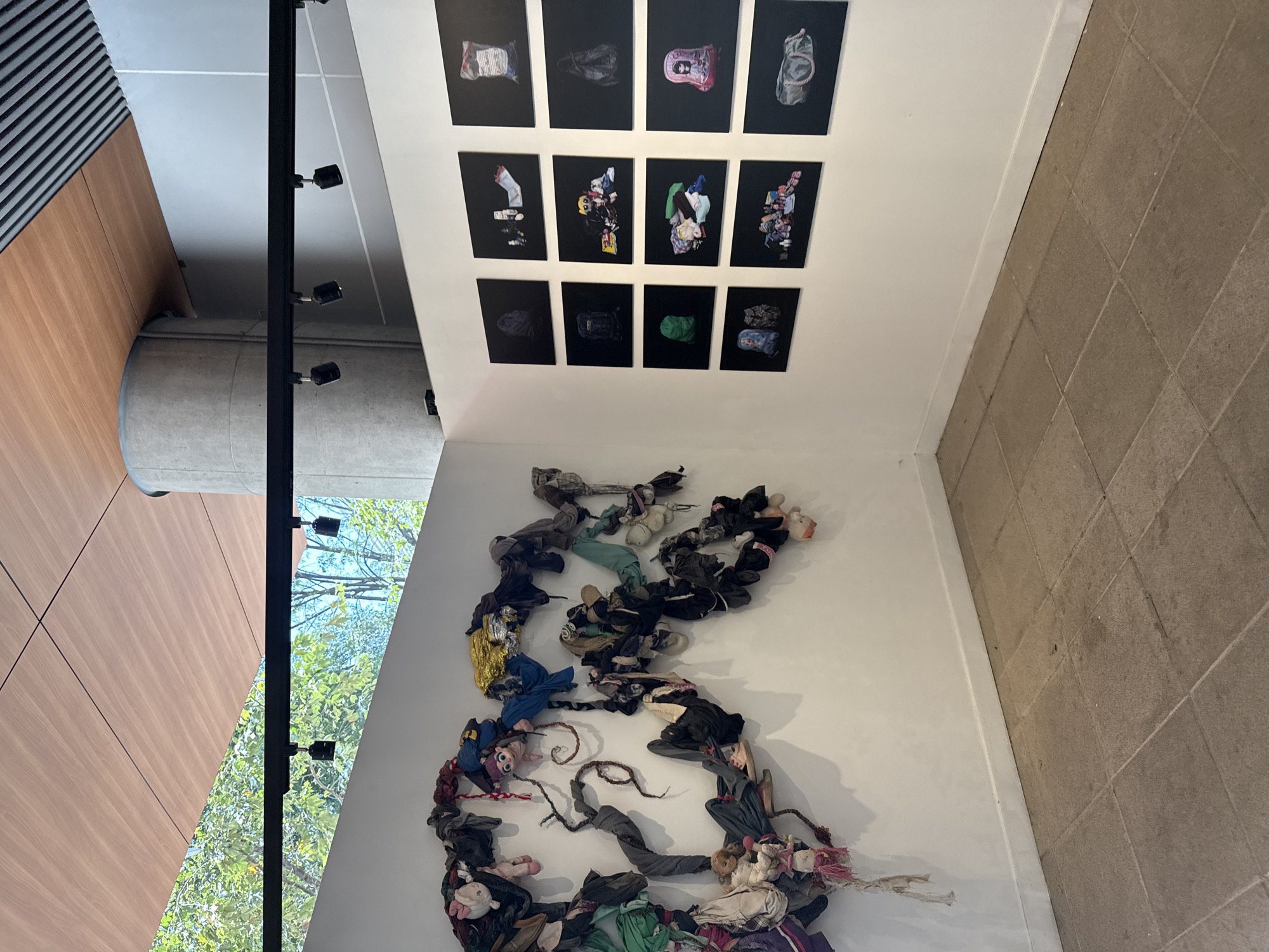 This image depicts an interior view of a contemporary art exhibition space in Mexico City, Mexico, brightly lit during the daytime. The scene showcases two distinct art installations against a clean, white background.
High on a white wall, twelve framed artworks are arranged in three rows of four. Each piece presents an assortment of objects, including textiles, clothing, bags, and what appear to be small toys or personal belongings, often bundled or piled, set against a dark background. The arrangement of items suggests themes of collection, storage, or perhaps displacement.
Below these framed pieces, a large, organic-shaped sculptural installation sprawls across the white floor and extends partly up the wall. This intricate work is fashioned from an abundance of intertwined textiles, discarded clothing items, shoes, and numerous stuffed animals or dolls. The sculpture forms a complex, winding mass, predominantly in muted colors but with visible splashes of brighter hues like gold, blue, and green.
Architectural elements include a large window on the left, offering a view of lush green trees and a blue sky outside. A black vertical beam with track lighting runs along the window frame. Further left, a modern interior features wooden paneling and a ceiling with grey horizontal slats, along with a prominent concrete column. The floor on the right consists of light brown or beige tiles laid in a grid pattern. The overall environment is minimalist and contemporary, serving as a neutral backdrop for the artwork. No visible text is clearly discernible within the image.
