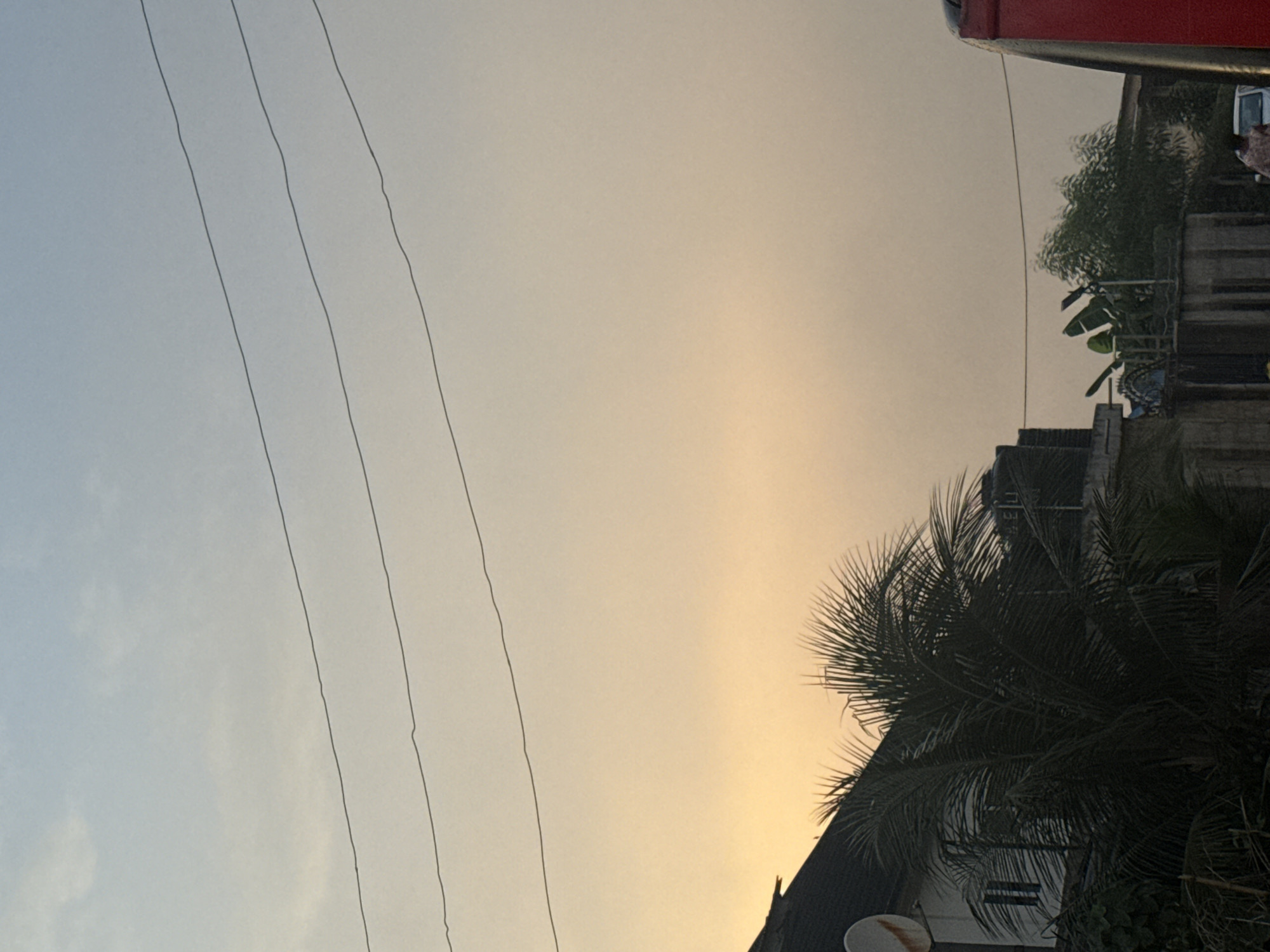 The image displays a serene outdoor scene, likely captured during either sunrise or sunset due to the distinct color gradient of the sky. The sky transitions from a soft, light blue-grey on the left to a warm, gentle yellow-orange glow on the right.
Three prominent, dark utility wires run diagonally across the sky from the top-left towards the bottom-right. A thinner, lighter wire is also visible closer to the top-right. Along the right and bottom edges of the frame, the dark silhouettes of buildings and dense tropical vegetation are visible against the brighter sky. These include large palm fronds and other leafy trees, which obscure parts of the structures. A small, light-colored satellite dish is partially visible at the bottom-left, beneath the foliage. At the very top-right corner, a red structural element is present, and a very small, indistinct figure, possibly a person, can be vaguely discerned near it.
The overall scene suggests a quiet urban or suburban landscape within Uyo, Nigeria, characterized by infrastructure like power lines and lush greenery under the soft, transitional light of dusk or dawn. No specific activity or event is taking place, and there is no visible text in the image.