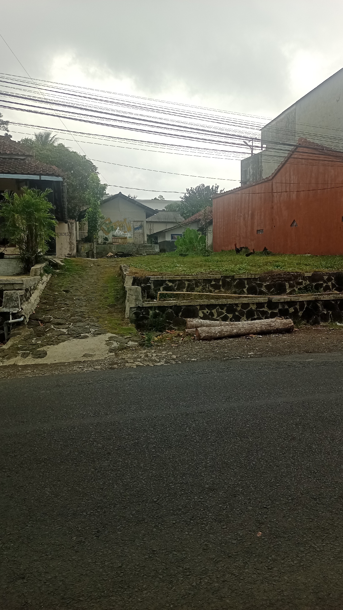 This is a vertical, eye-level shot of a street scene in Karyamandala, Indonesia. A paved road fills the foreground. Beyond the road is a stone-lined walkway leading uphill toward a cluster of houses and a bright orange building. Two logs lie on the ground to the right of the walkway. Overhead, a dense network of power lines stretches across the cloudy sky. Several chickens are visible in the grassy area in front of the orange building. The overall atmosphere is overcast and somewhat rural.