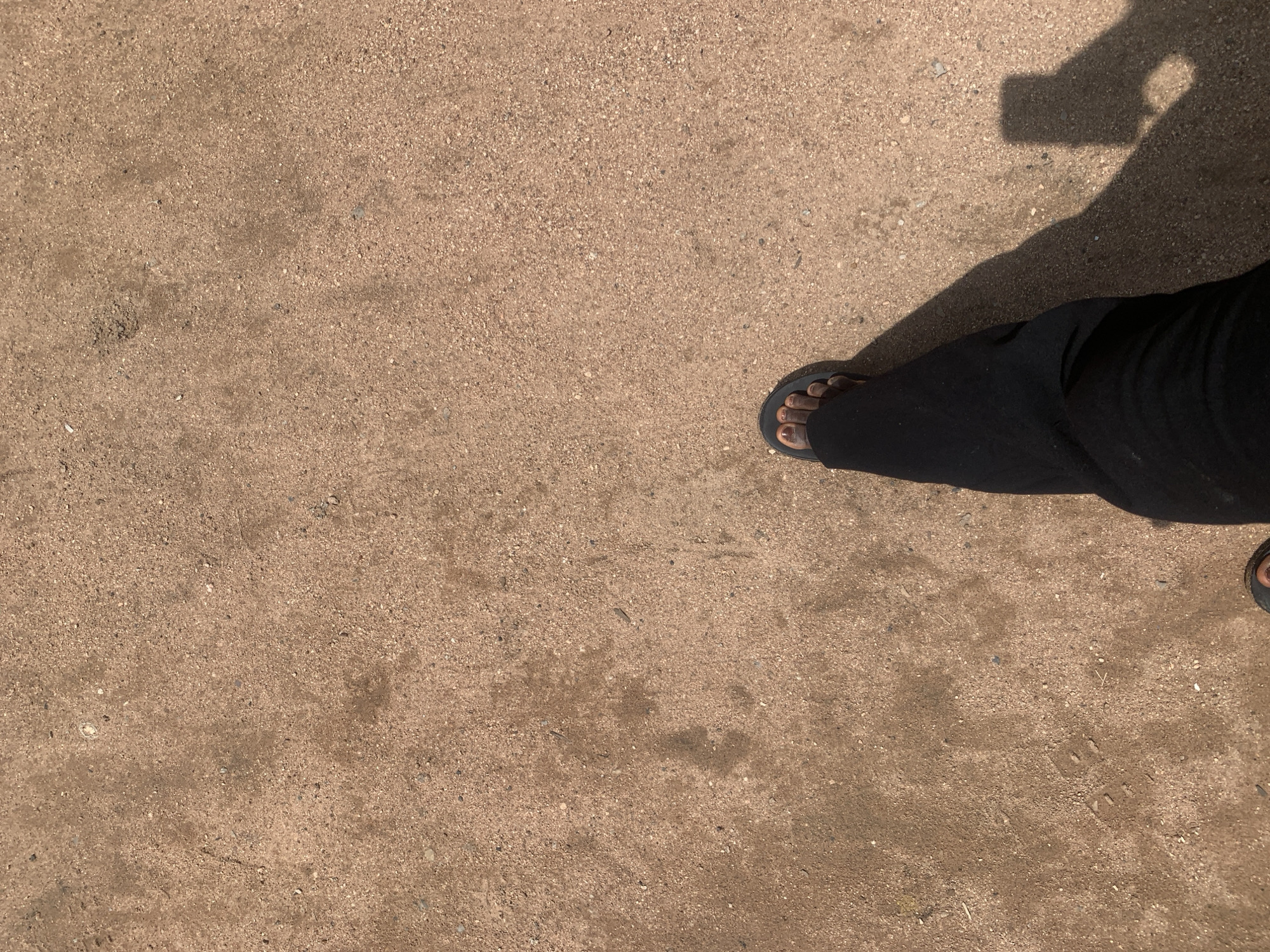 The image shows a person's feet and legs wearing black pants and dark sandals, standing on a dirt or gravel surface. The ground appears to be dry and sandy, with small pebbles and debris scattered across it. A shadow cast by the person and a phone they are holding is visible on the ground to the right. The scene appears to be outdoors, likely in a natural or unpaved area. There are no visible landmarks or specific features that would definitively identify the location within Jauro Yinu, Nigeria, beyond the general description of an outdoor, dusty environment.