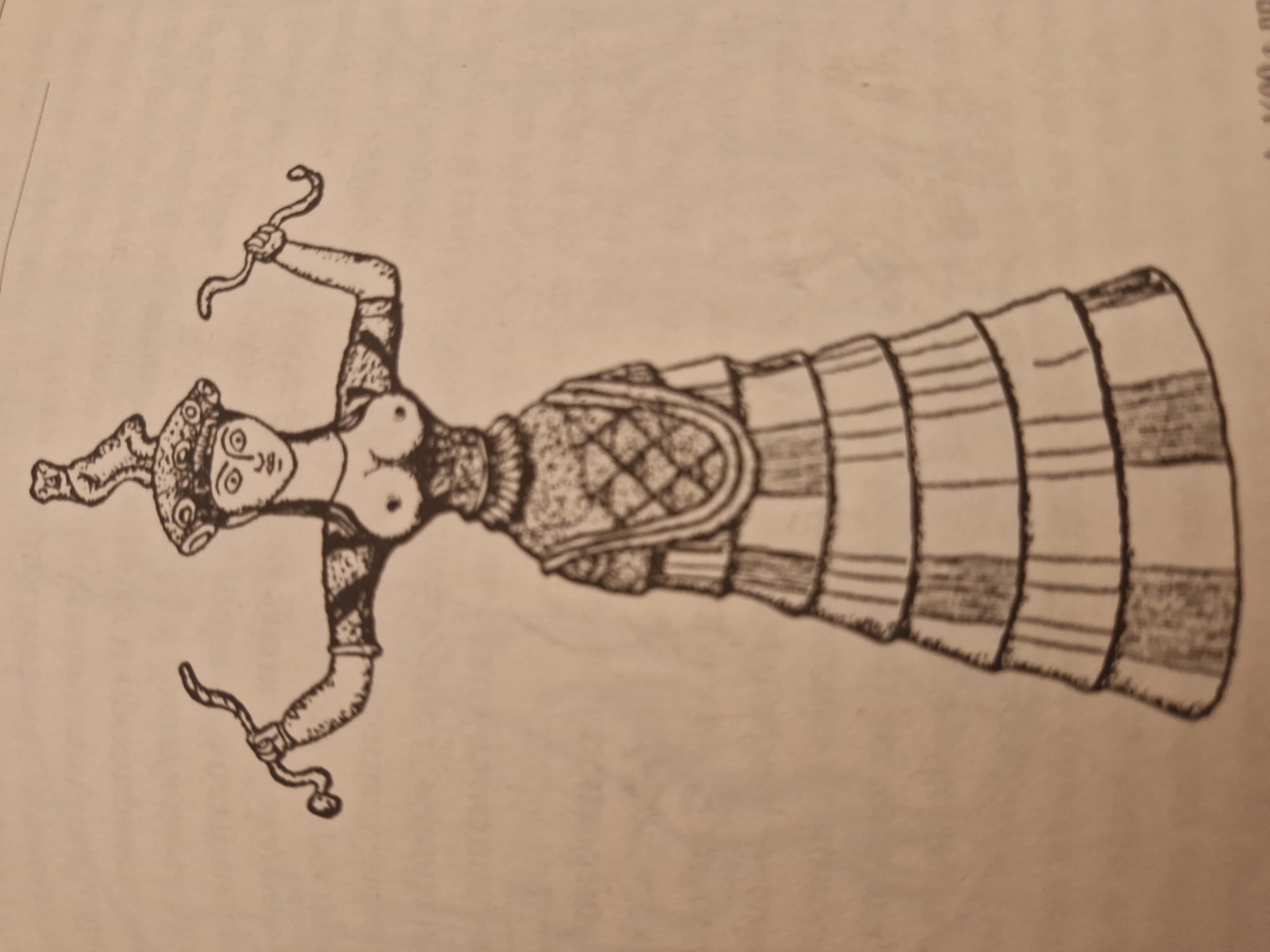 A black and white drawing depicts a female figure with a headdress and a multi-tiered skirt. The figure is holding objects resembling snakes in each hand. The drawing is an interpretation of an artifact found in Hrabrino, Bulgaria.