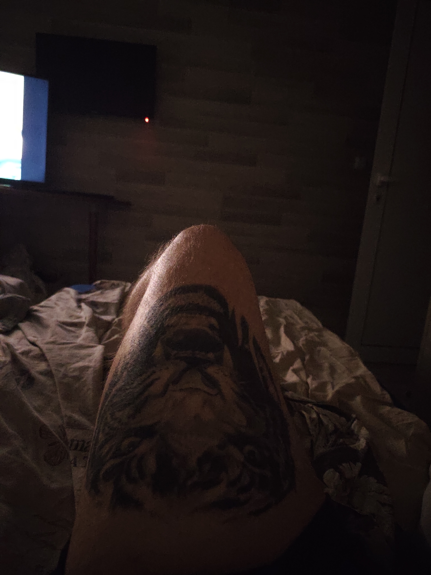 The scene is indoors, likely a bedroom, in dim lighting. A person's leg, featuring a large tattoo, is prominently displayed in the foreground. The leg rests on a bed covered with wrinkled, patterned bedding. In the background, a television screen is visible, with a red indicator light suggesting it is in standby mode. To the right of the television, the wall appears to be paneled. A closed door is also present in the right background. There is no information in the image to suggest this scene is in Dobrich, Bulgaria.