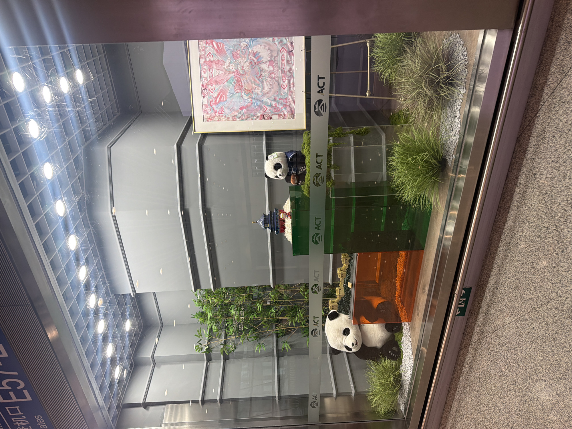 The image shows a display case in what appears to be an airport or train station in Chaoyang District, China. The display case features two panda figurines, one large and one small, along with miniature models of the Great Wall of China and the Temple of Heaven. The backdrop is a grey, segmented wall with integrated lighting. A framed artwork with a pink and blue abstract design hangs on the right side of the display. The floor in front of the display case is carpeted. The words "ACT" are visible on the glass of the display case.