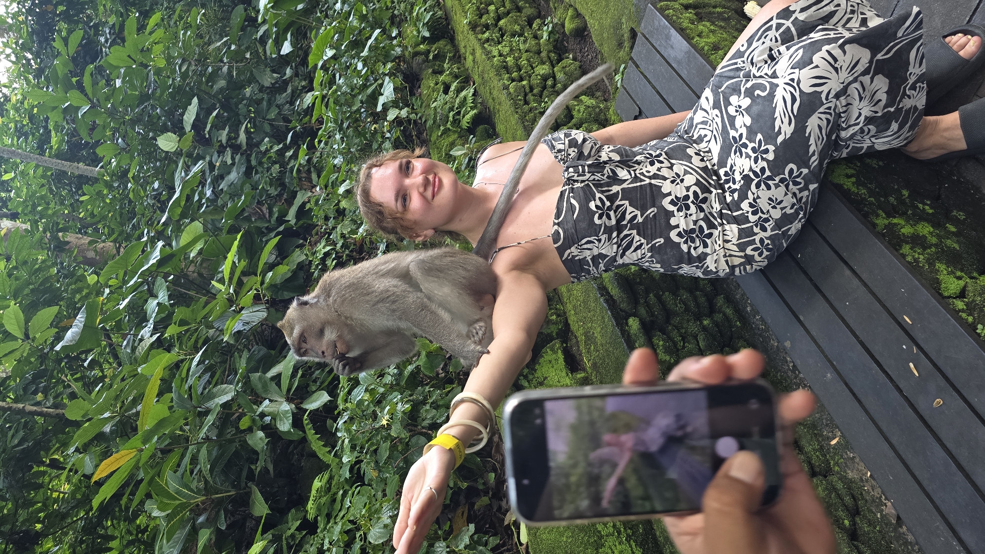 The photograph was taken in Ubud District, Indonesia. A woman is reclining on a dark-colored wooden bench amidst lush, green foliage, including mossy rocks and dense foliage. She wears a floral patterned dress and is accessorized with bracelets on her left wrist, while a monkey sits on her arm, appearing to eat something. In the foreground, a person's hands hold a smartphone, capturing the scene.