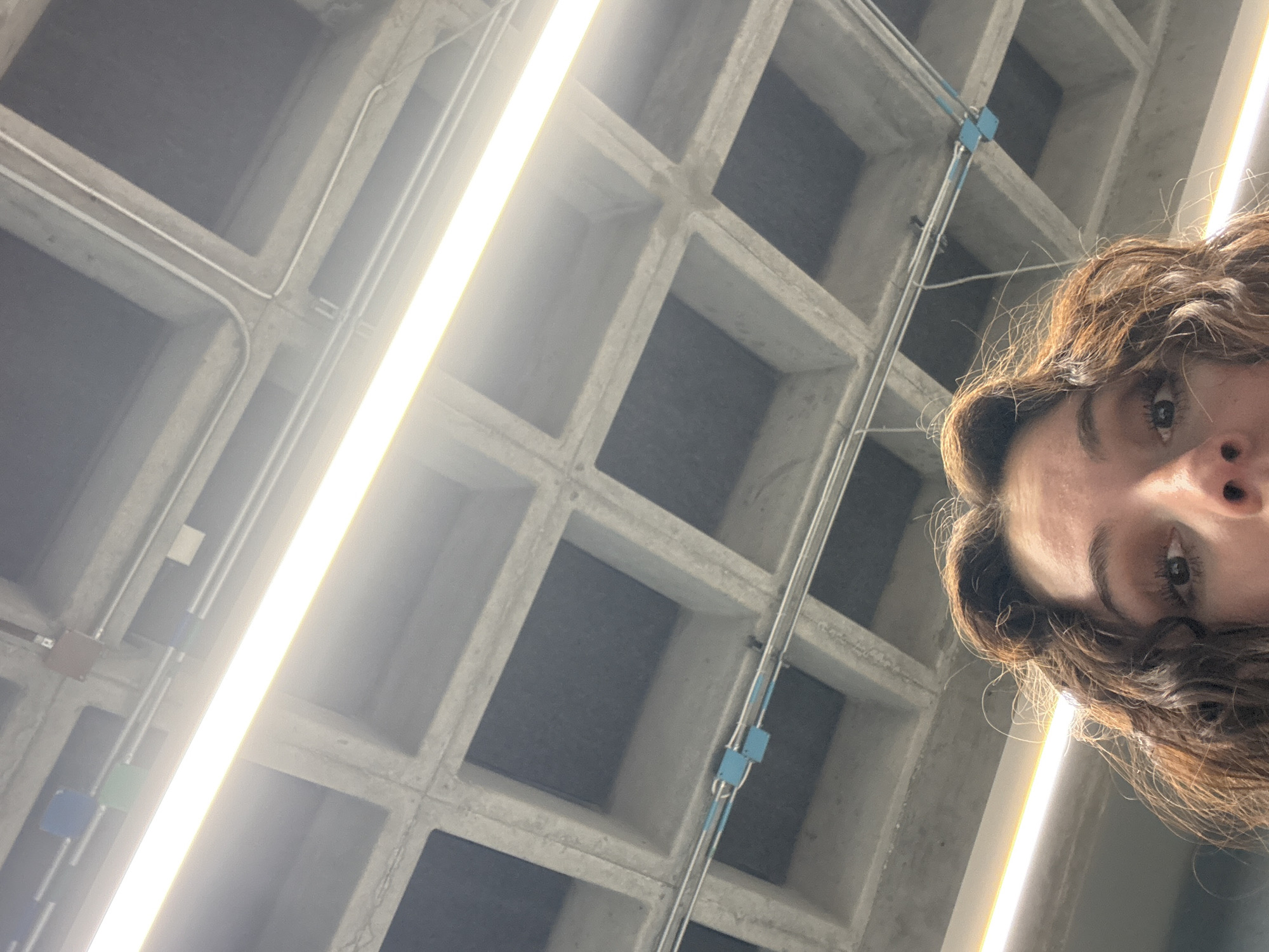 The photograph depicts a person with curly brown hair looking up at a coffered concrete ceiling with fluorescent lighting. The ceiling is composed of square recesses, and conduit runs along its surface. The lighting appears to be the dominant source of illumination. While it is impossible to pinpoint the exact location in Mexico City without additional information, the architectural style suggests a public space, possibly a university building or a museum in a modernist or brutalist style.