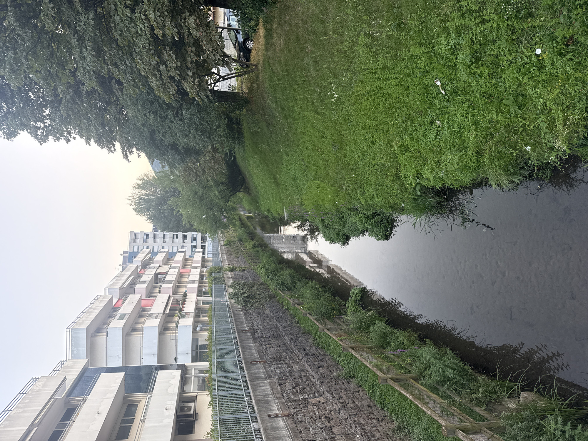 This image depicts an outdoor scene with a small canal or stream running through it, flanked by green grassy banks and stone walls. On the left side of the canal, there is a multi-story building with balconies and windows, suggesting an urban or suburban environment. The building has a modern architectural style, with white and light-colored facades. A metal fence runs along the top of the stone wall separating the canal from the building. On the right side of the canal, there is a lush, green grassy area with trees. In the background, more trees and buildings are visible, along with a dark-colored car parked under some trees. The sky is overcast, suggesting it might be early morning or late afternoon. There are no people visible in the scene. The canal water is calm and reflects the surrounding environment. The scene appears to be a somewhat neglected urban waterway, with some litter visible on the grass. The image does not contain any specific visual cues to definitively place it in Trento, Italy.