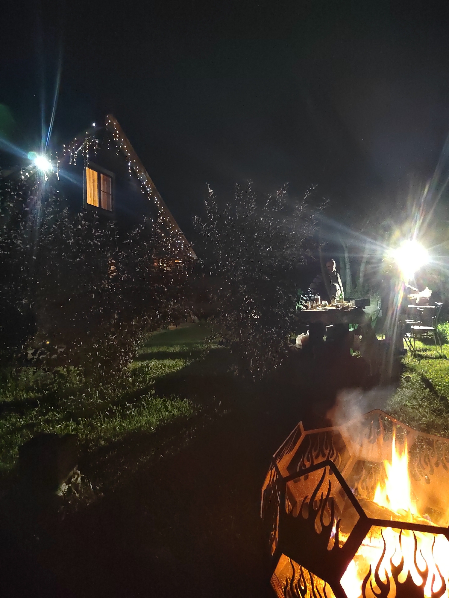 A nighttime scene depicts a backyard area with a house decorated with string lights in the background. A bonfire in a decorative metal fire pit is in the foreground, with flames and smoke visible. A table laden with glasses and bottles is set up in the middle ground, with people seated around it. The scene appears to be a social gathering in a residential area, potentially on the outskirts of Biysk, Russia, given the context.