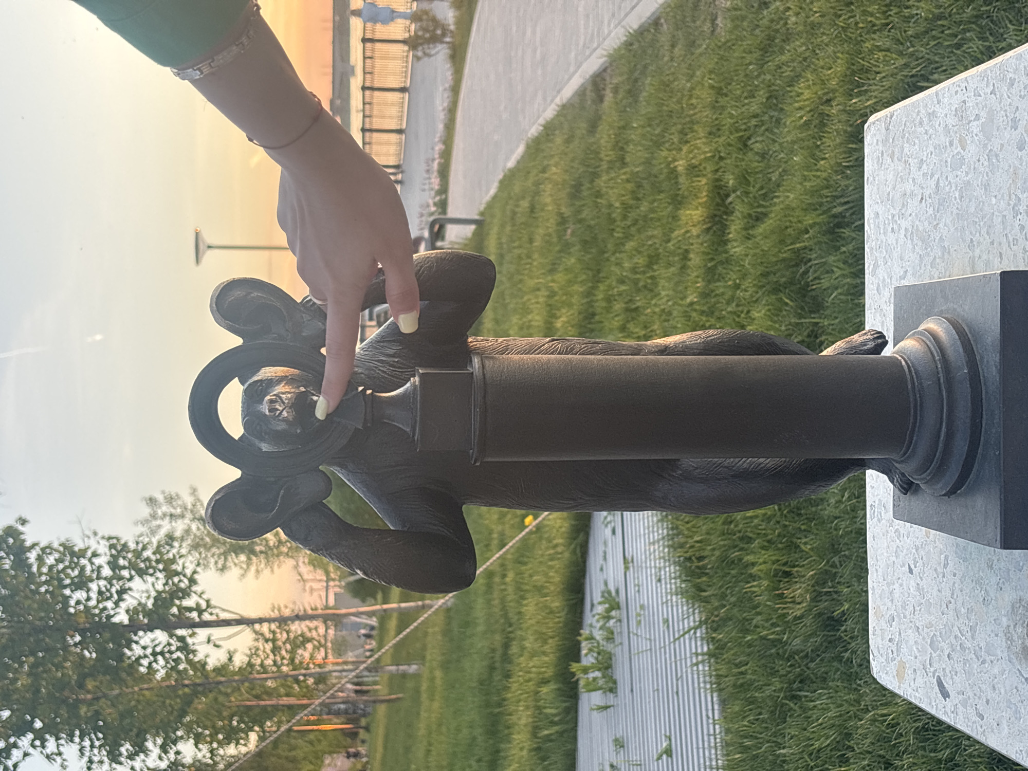 The image depicts a bronze sculpture of a bear holding binoculars, situated in a park in Perm, Russia. A person's hand with yellow nail polish is touching the binoculars. The sculpture is mounted on a pedestal of dark stone and a larger white stone base. The background includes green grass, trees, a walkway, and a sunset sky.