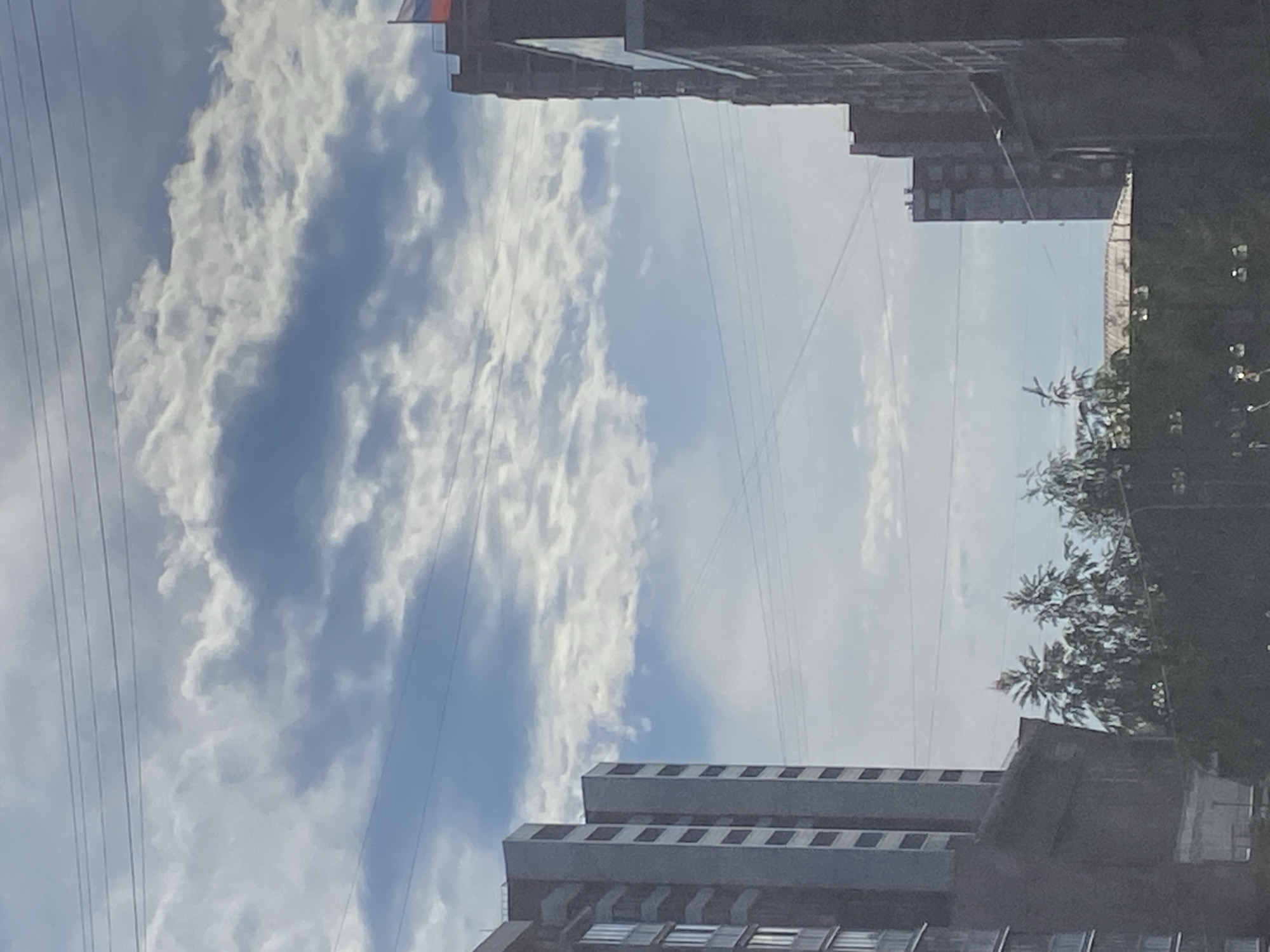 The image captures a view of a city with tall buildings and a cloudy sky. In the foreground, on the left, is a tall, modern residential building with a gray facade and visible windows. To the right, another, darker building is partially visible. In the middle ground, several trees are scattered, with their foliage appearing somewhat dense and green. Beyond the trees, a domed structure with a light-colored roof is visible. Further in the background, more tall buildings are seen, including one with a Russian flag at its peak on the far right. Power lines are strung across the sky, appearing as thin, dark lines. The sky itself is a mix of blue and white, with numerous fluffy clouds, suggesting a partly cloudy day. The overall impression is an urban landscape under a dynamic sky.