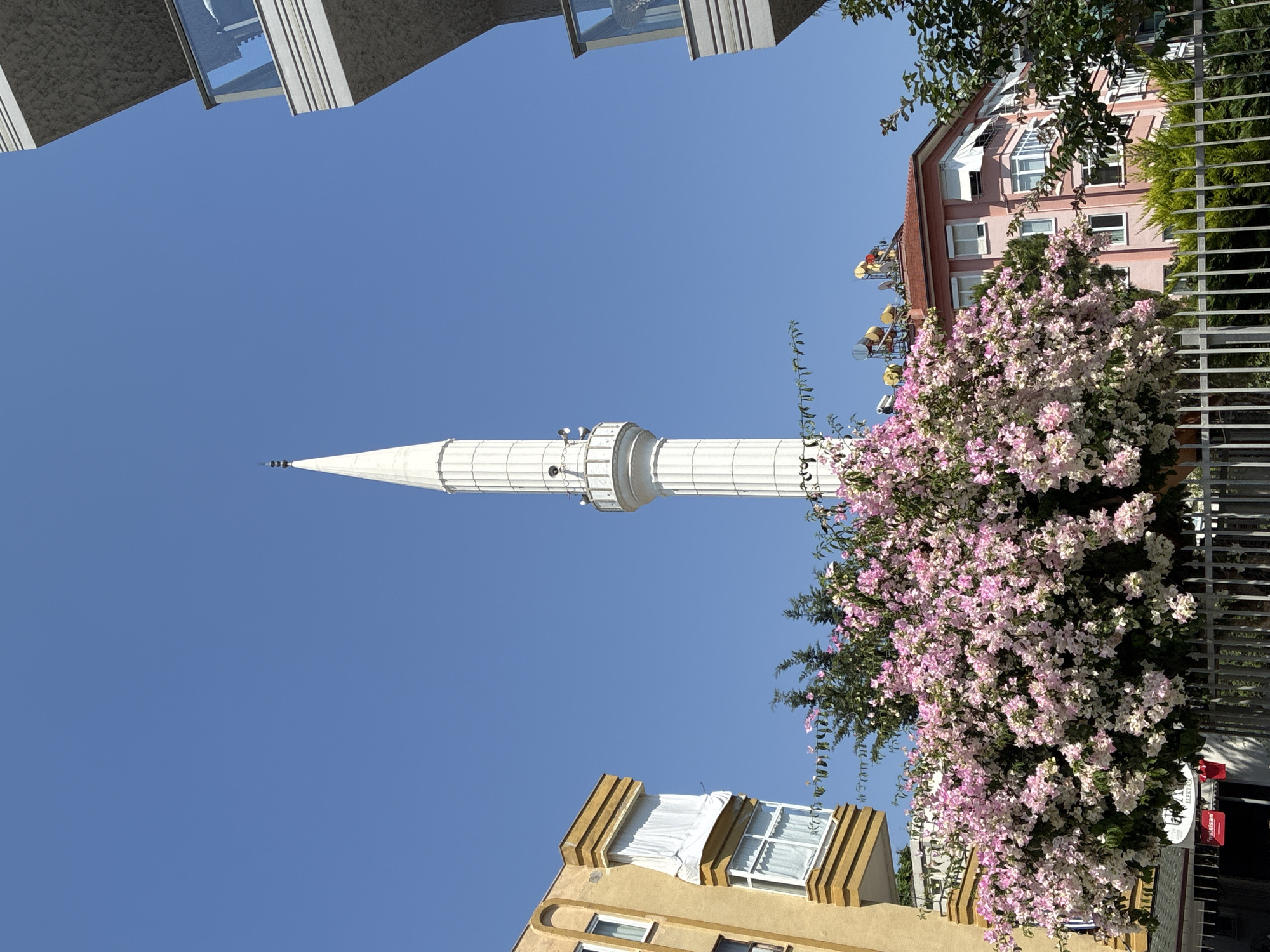 A bright, sunny day is depicted in this urban scene in Alanya, Turkey. The primary focal point is a tall, white minaret, slender and fluted, rising towards a clear, bright blue sky. The minaret has a balcony-like structure partway up, with what appear to be speakers or lights attached. Flanking the minaret are portions of two modern buildings. On the left, a section of a yellowish-beige building with multiple windows and a bay window covered by a white curtain is visible. On the right, a concrete structure with horizontal banding and a balcony with glass railings juts into the frame. In the foreground, a dense bush or small tree is covered in a profusion of pink and white flowers, its branches reaching upwards towards the minaret. Behind the flowering bush and the yellowish building, a pink-colored residential building with several windows and awnings is partially visible, topped with multiple solar water heaters. A metal fence runs along the bottom of the image, obscuring the lower parts of the foreground. The scene is devoid of people and any discernible activity.