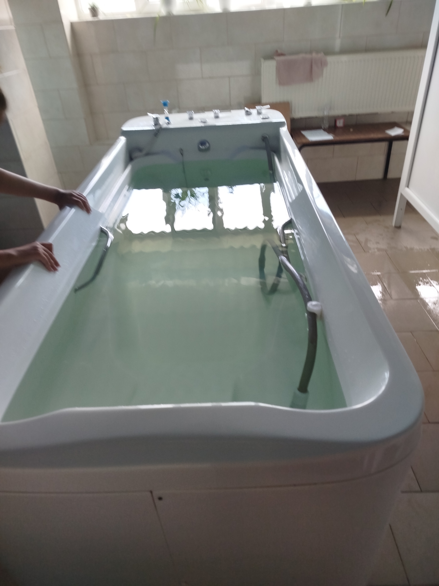 A full shot of a large, white hydrotherapy bathtub filled with clear, greenish water is captured in a bright, tiled room. Two pairs of hands, one with lighter skin and one with darker skin, are visible on the left side of the frame, resting on the edge of the tub, suggesting they belong to people preparing to enter or exit the water. The tub has a control panel with chrome fixtures at the head. Submerged in the water are two dark, flexible tubes. The room's walls are covered in beige tiles, and a white radiator with a pink towel draped over it is visible in the background. To the right, a white portable partition stands, and a wooden desk with papers and a bottle is situated against the tiled wall. The floor is tiled and appears wet. The scene suggests a medical or spa setting, likely in a clinic or therapy center.