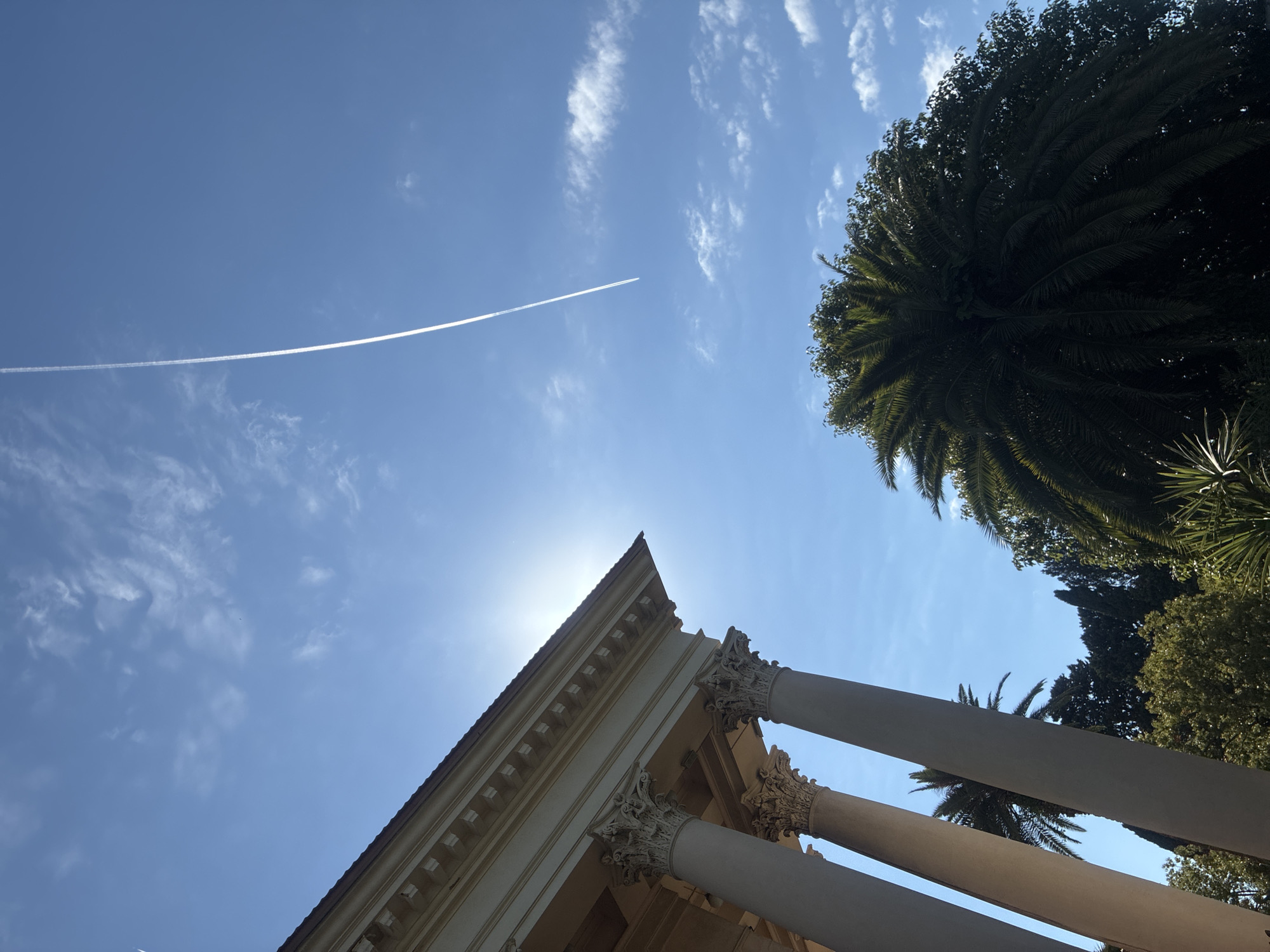 The image shows a low-angle view of a classical building facade with ornate columns against a bright blue sky with scattered clouds. A prominent contrail from an airplane stretches diagonally across the sky. To the right, a large palm tree dominates the foreground, with other lush green foliage visible behind it. The sun is partially obscured by the roofline of the building, creating a lens flare effect. The scene appears to be outdoors, likely in a park or botanical garden. This location is identified as the Dendrarium Botanical Garden in Sochi, Russia, a place known for its diverse collection of plants and its architectural elements.