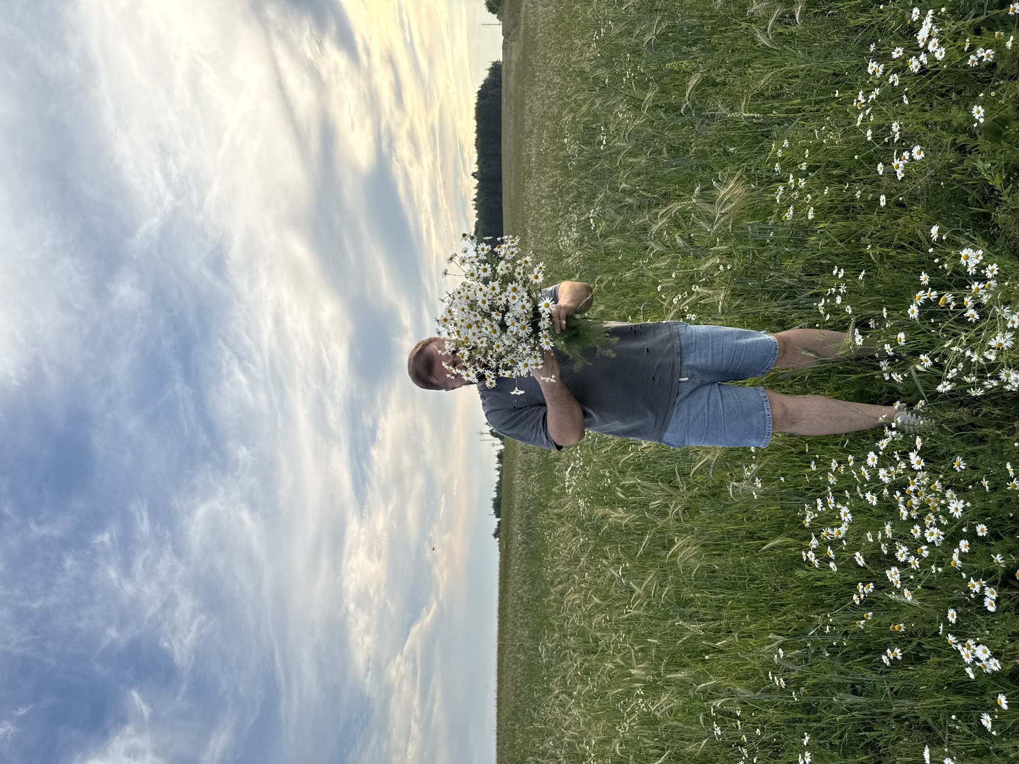 A man stands in a field of green grass and daisies, holding a large bouquet of daisies. He is wearing a grey t-shirt and blue denim shorts. The sky is partly cloudy with wispy white clouds. In the background, a line of trees can be seen on the horizon. The location is identified as Snovitsy, Russia.