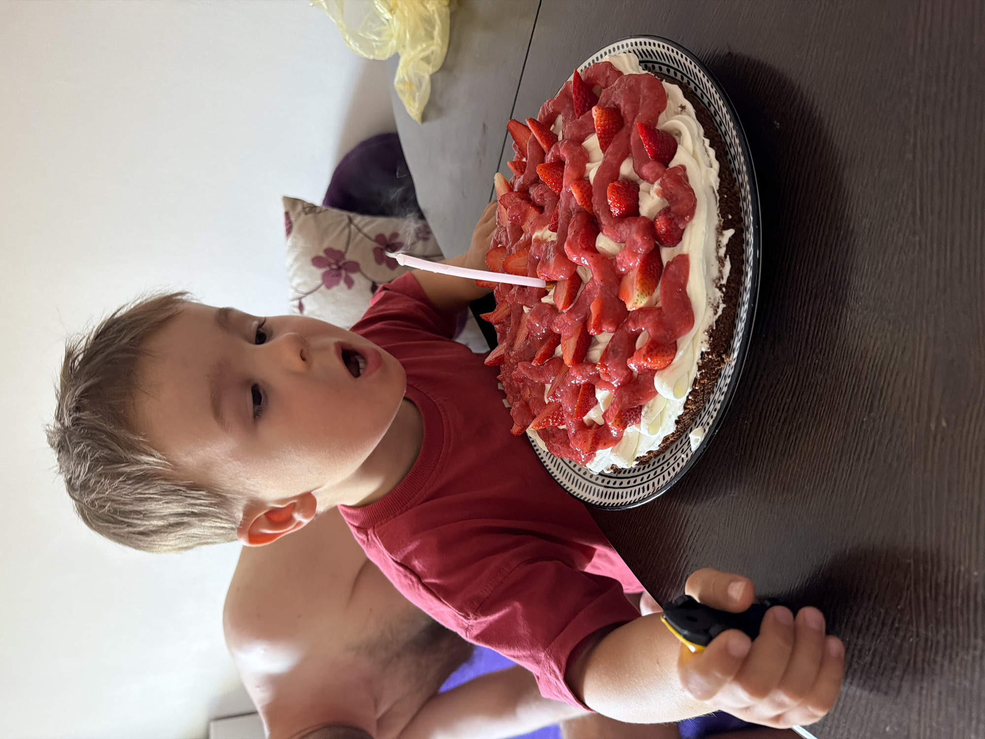A young child wearing a red shirt and seated at a dark brown table holds a lighter in his right hand and a strawberry-topped cake with a lit candle in his left hand. The cake is on a black and white decorative plate. An adult, presumably the child’s father, is seated in the background with bare torso. A floral pillow and a bag are also in the background. The picture appears to be taken indoors. The city of Budva, Montenegro, is not discernible from the image.