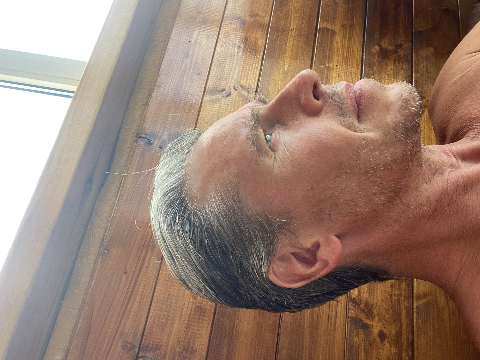 A close-up, side profile of a fair-skinned man with graying hair and a light stubble is captured against a backdrop of horizontally aligned wooden planks. The man is looking to the right, his eyes a clear blue. His left ear is visible, and the top of his shoulder can be seen in the lower right portion of the frame. The wooden wall has visible grain and knots. A sliver of a window frame with a white interior is present at the top of the image, indicating an indoor setting. The lighting suggests it is daytime, with light coming from the right, casting subtle shadows.